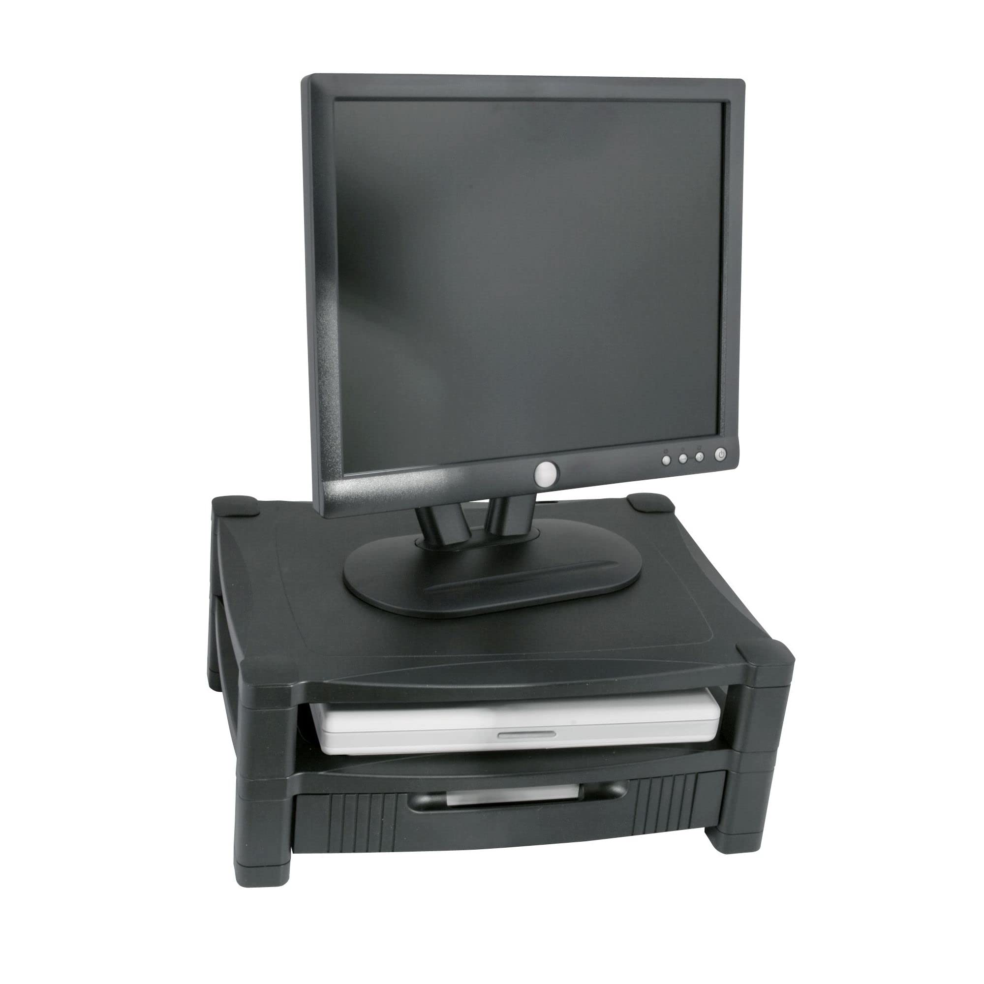 Kantek 2-Tier Adjustable Monitor Stand with Storage Drawer & Cable Management - 17x13.25 Inches, Black - Perfect for Home Office & Workspace Organization