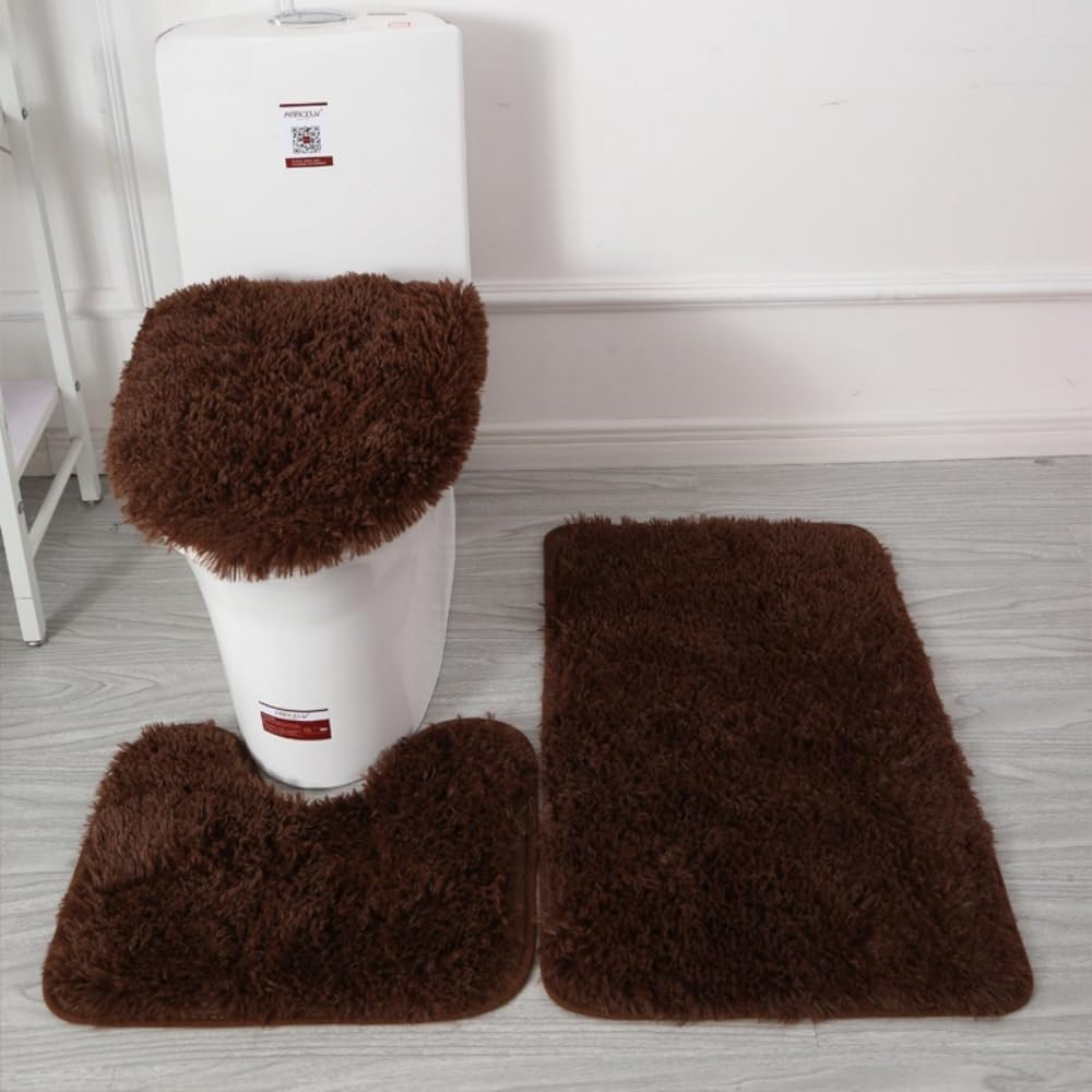 3-Piece Bathroom Rug Set - U-Shaped Toilet Floor Mat, Non-Slip Rugs & Toilet Lid Cover with PVC Rubber Backing (Coffee) - Soft & Absorbent for Bathroom, Toilet & Shower Areas