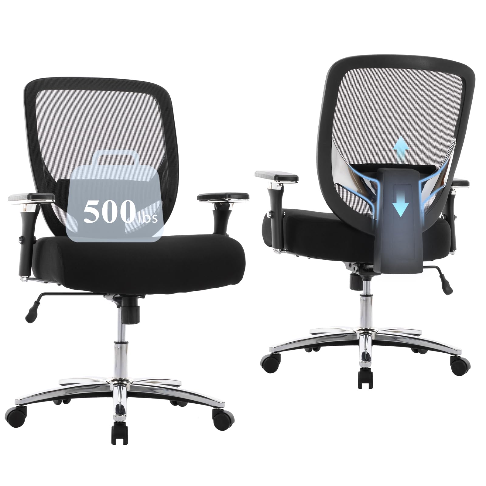 Heavy Duty Big and Tall Office Chair 500lbs - Ergonomic Executive Chair for Large People, Wide Seat Computer Desk Chair with Adjustable Armrest & Thick Cushion - Black - Perfect for Home Office, Gaming, and Professional Workspaces