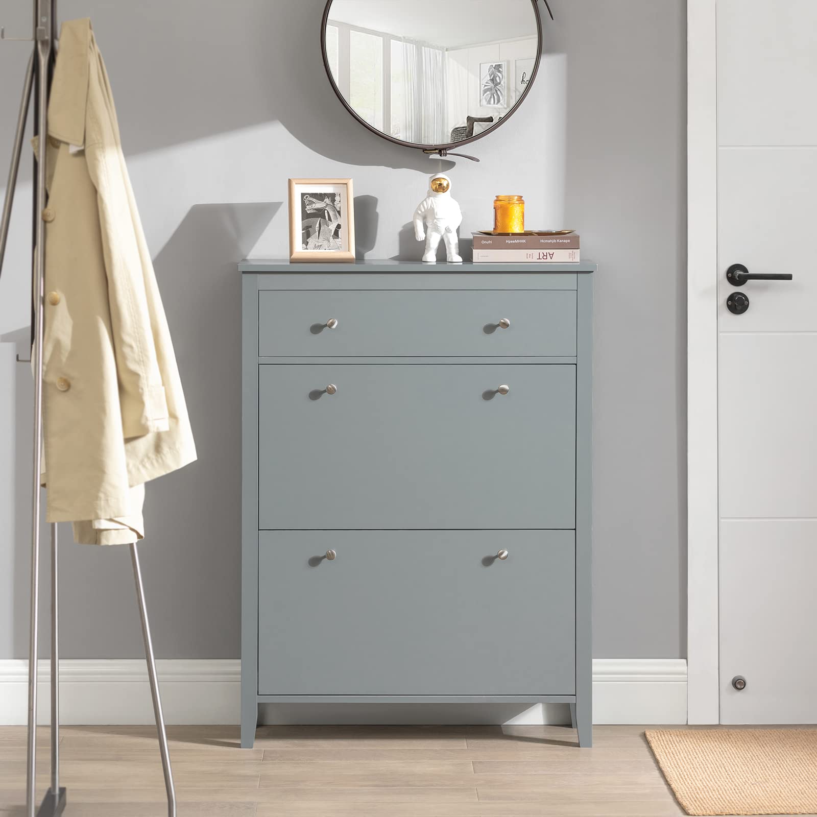 Haotian Narrow Shoe Storage Cabinet with 1 Drawer & 2 Flip Drawers - Grey Entryway Shoe Rack Organizer for Hallway, Living Room (31.5