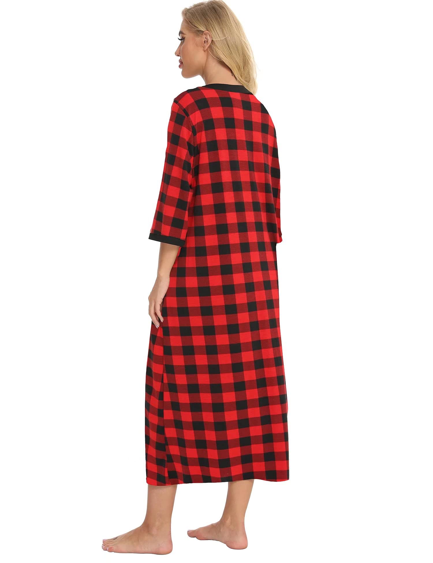 Bloggerlove Women's Zip Up Cotton Robe - Long House Coat with Half Sleeves, Comfortable Sleepwear & Nightgown for Lounge, Relaxation & Home Wear