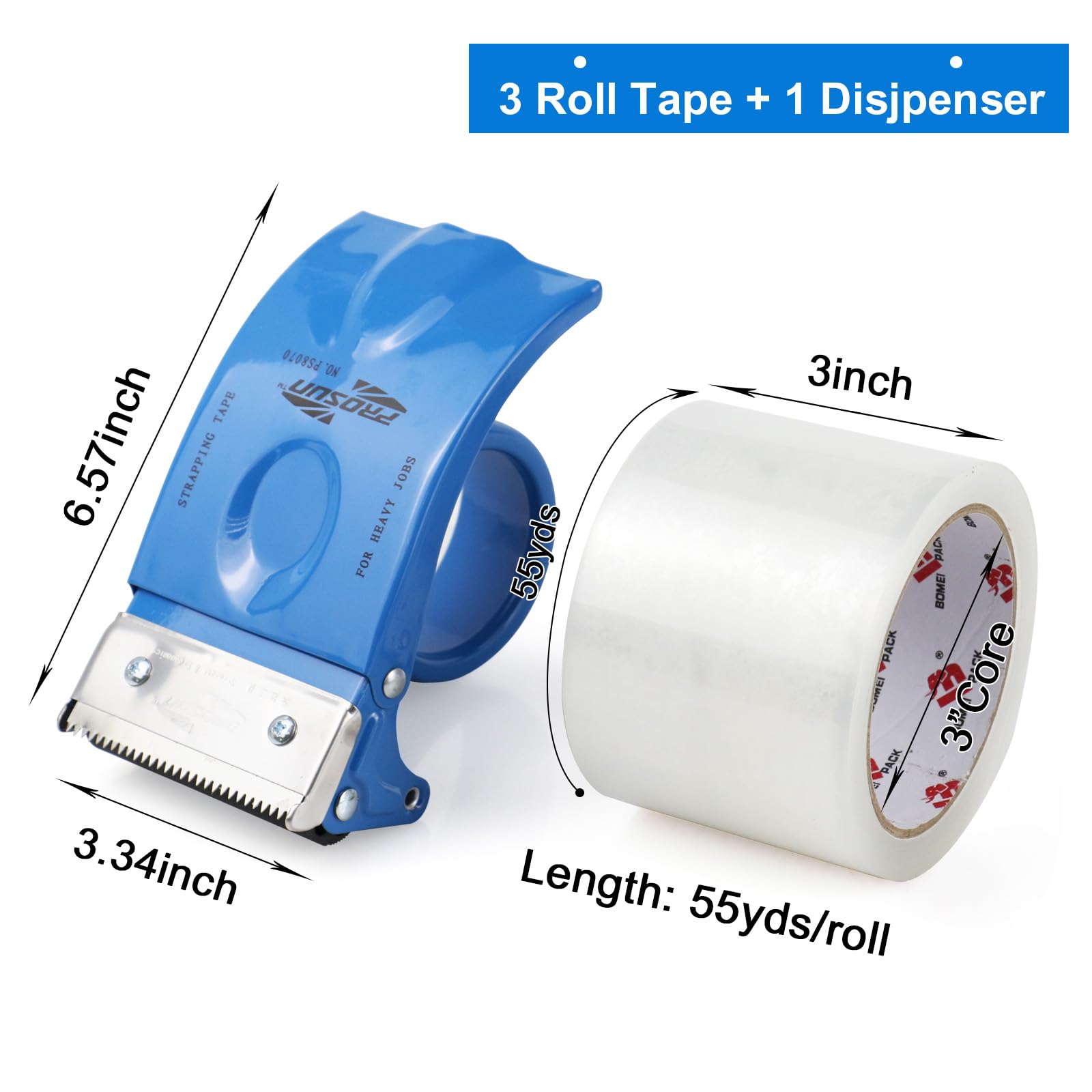3 Inch Clear Heavy Duty Packing Tape with Dispenser - 2.4 Mil x 55 Yards Industrial Strength Shipping Tape for Moving, Mailing & Storage | Perfect for Box Sealing, Warehouse Packaging & E-commerce Shipping