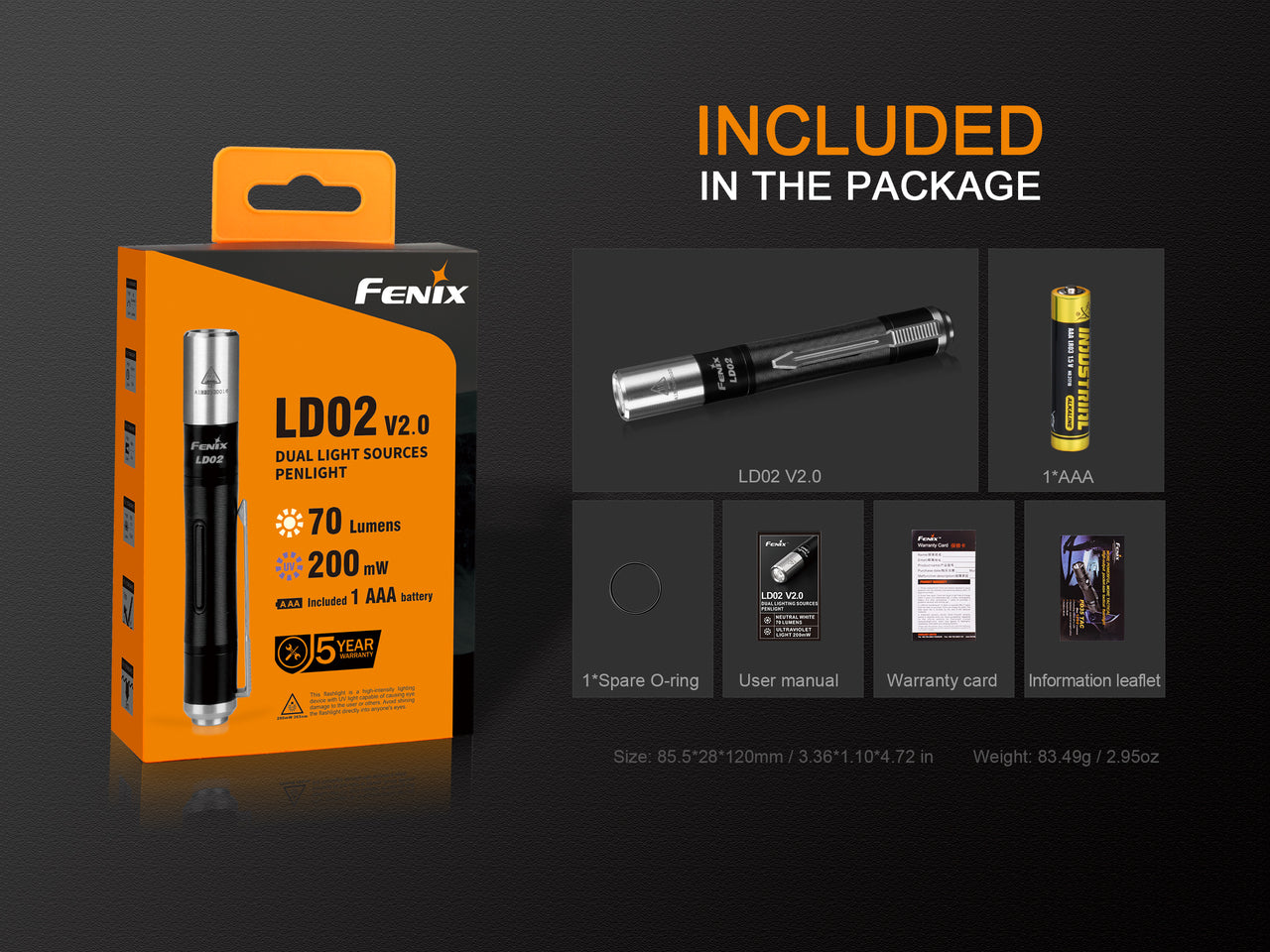 Fenix LD02 V2.0 EDC Flashlight - Ultra Bright LED Penlight with UV Light for Camping, Hiking & Emergency Use