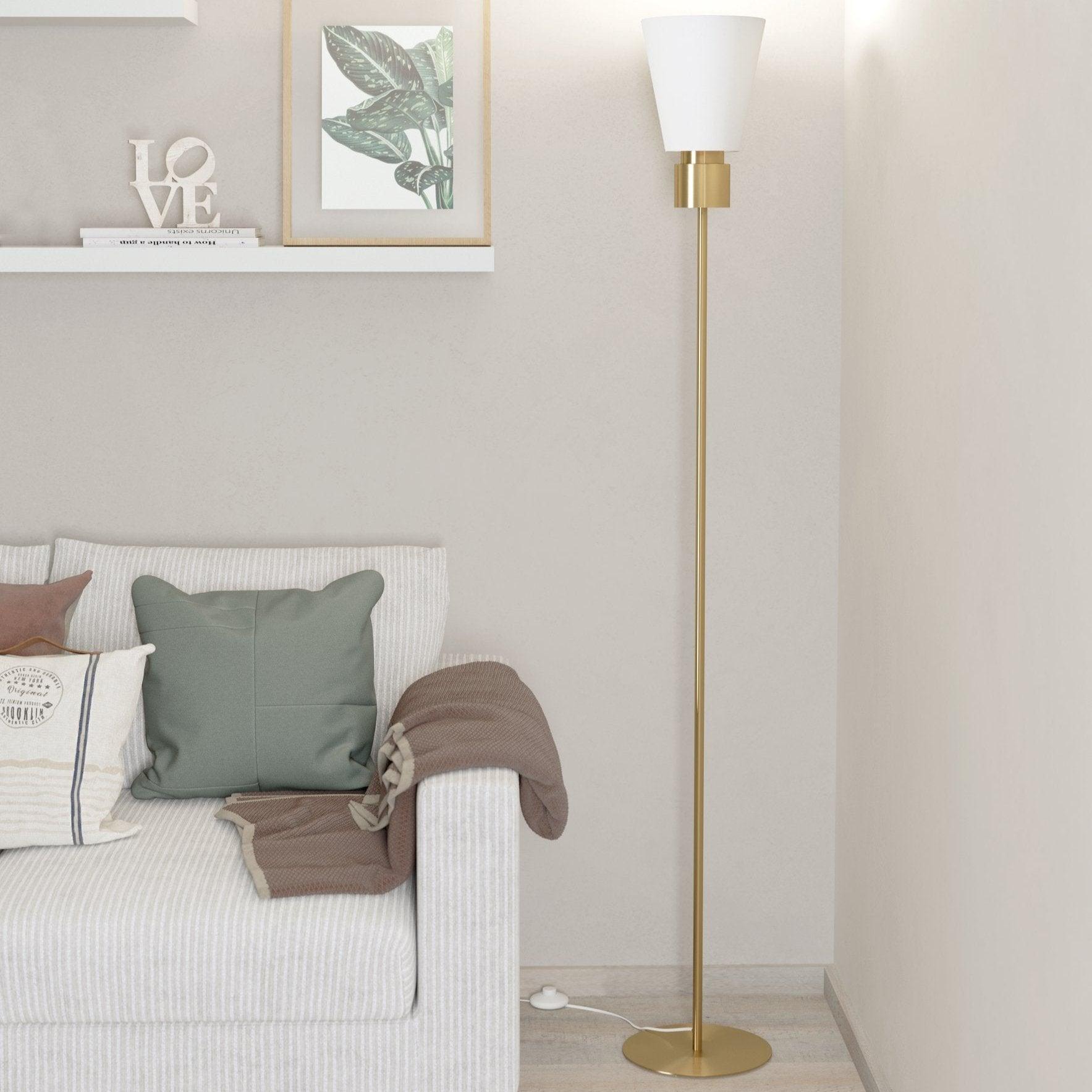 Eglo Aglientina Brass Floor Lamp with White Fabric Shade - Modern Lighting for Living Room, Bedroom & Office Decor