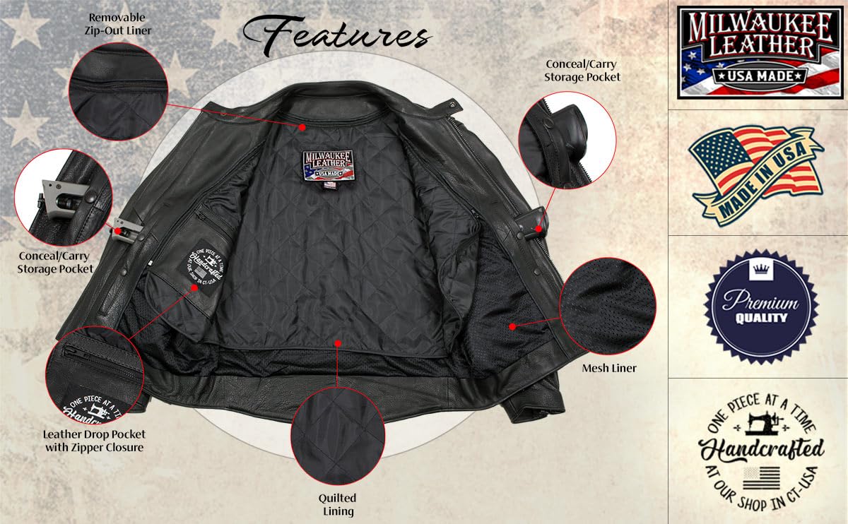 Milwaukee MLJKM5002 Premium Black Leather Motorcycle Jacket for Men - USA Made, Air Stream Vented Design with Adjustable Side Laces | Perfect for Riding, Cruising & Motorcycle Enthusiasts