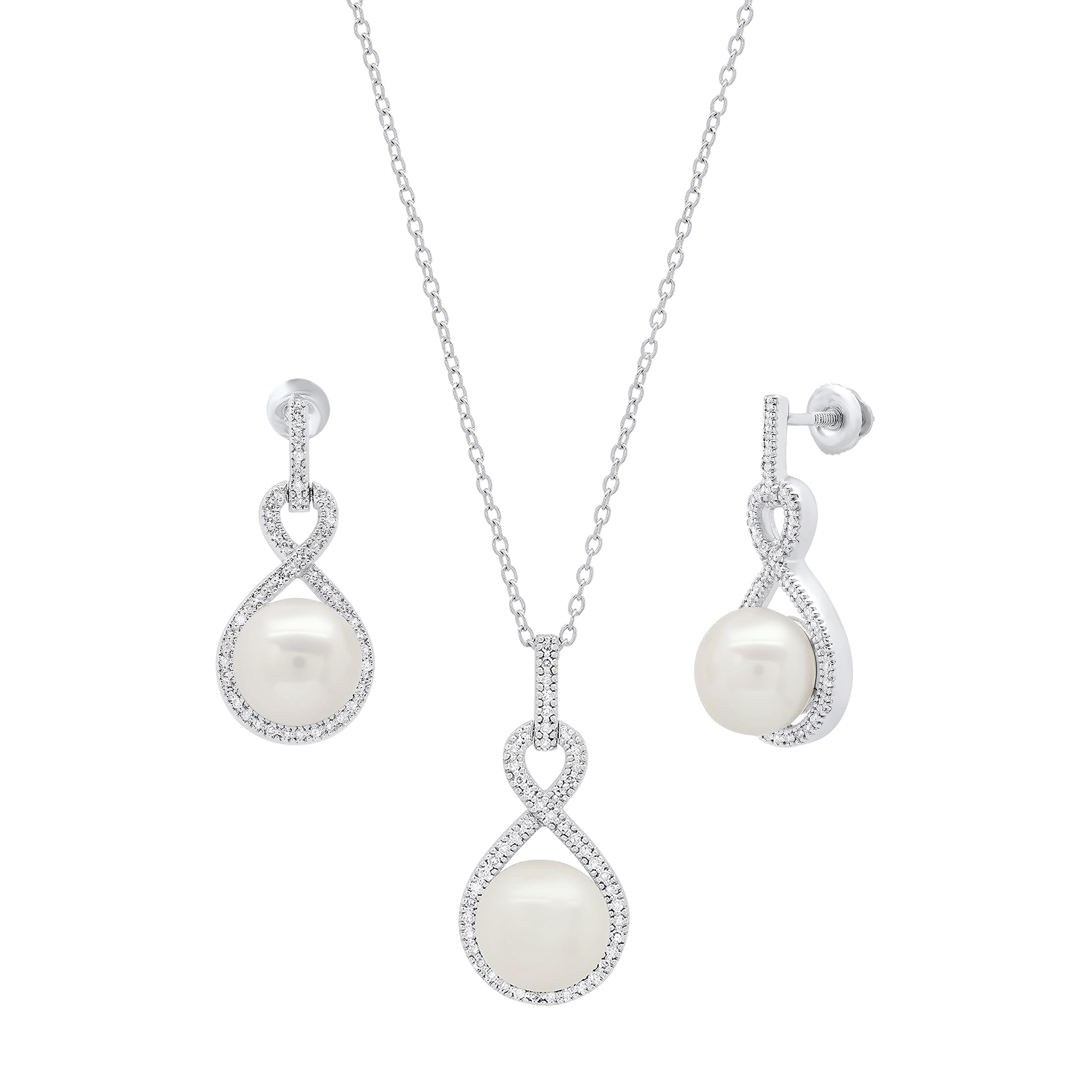 Dazzlingrock Round White Freshwater Pearl & Diamond Infinity Drop Earrings & Pendant Set for Women - Sterling Silver Jewelry Gift for Anniversary, Wedding & Special Occasions