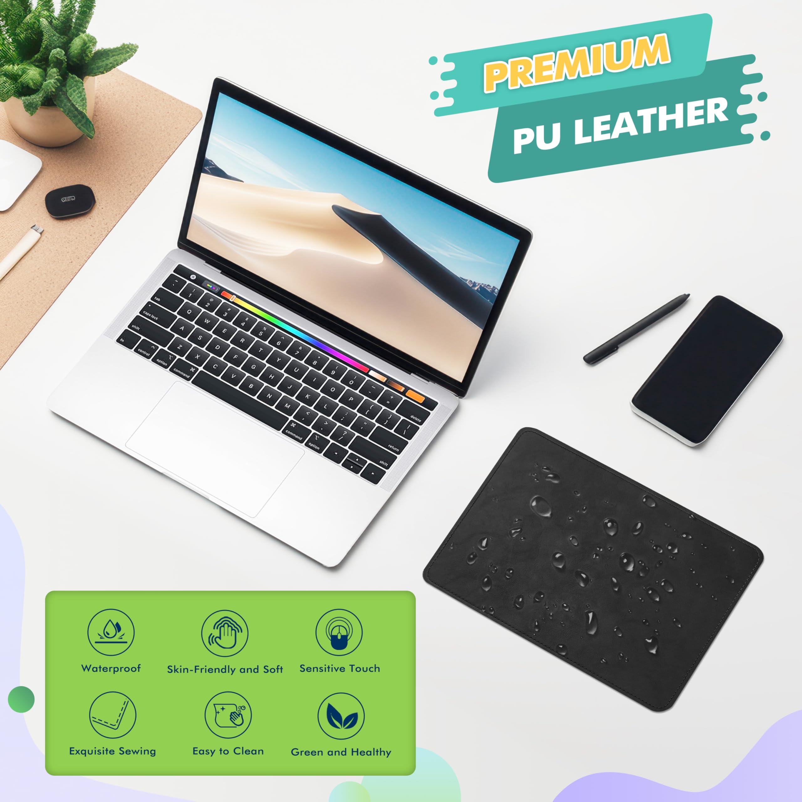 Premium PU Leather Mouse Pad with Stitched Edge - Non-Slip Microfiber Base, Waterproof Desk Mat for Computer & Laptop (8x11 Inch, Caramel Black) - Perfect for Office, Gaming & Home Workspace