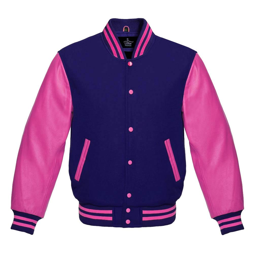 Premium Wool & Genuine Leather Varsity Jacket - Baseball Letterman Bomber with Pink Sleeves for School & College | Perfect for Sports, Casual Wear & Retro Fashion