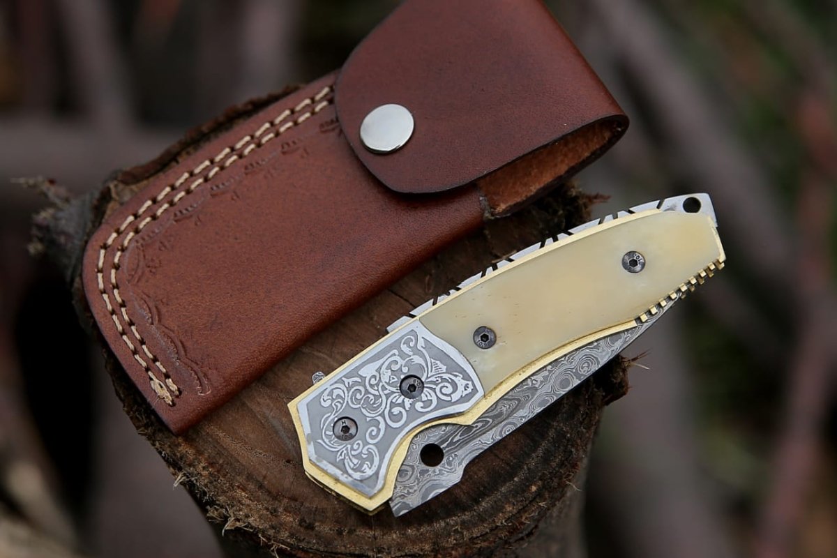 Premium Damascus Steel Pocket Knife with Bone Handle - Durable, Sharp Folding Knife for Camping, Hiking & Outdoor Adventures