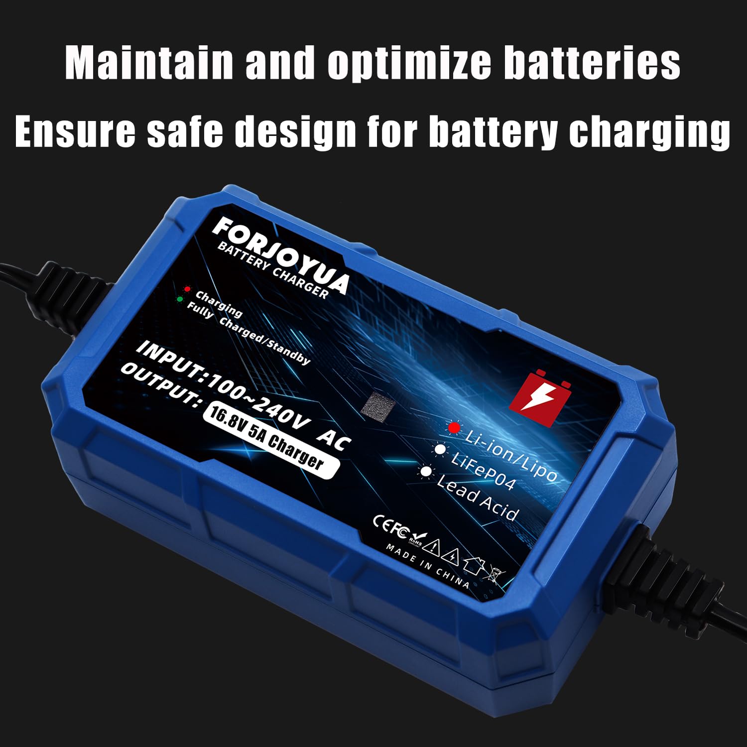 FORJOYUA 16.8V 5A Fast Charger with DC5.5x2.1mm Connector - Compatible with 14.8V 4S Li-ion Battery Packs | Perfect for RC Drones, Power Tools & Electric Scooters