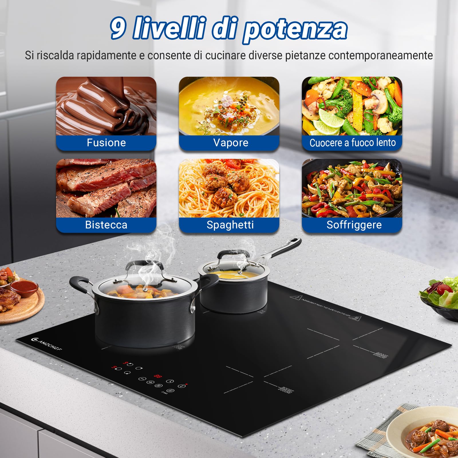 AMZCHEF 60cm 4-Burner Induction Cooktop with Boost Function, 9 Power Levels, Safety Lock, Touch Control, Timer - 7200W for Fast & Efficient Cooking - Perfect for Home Kitchens, Restaurants & Outdoor Use