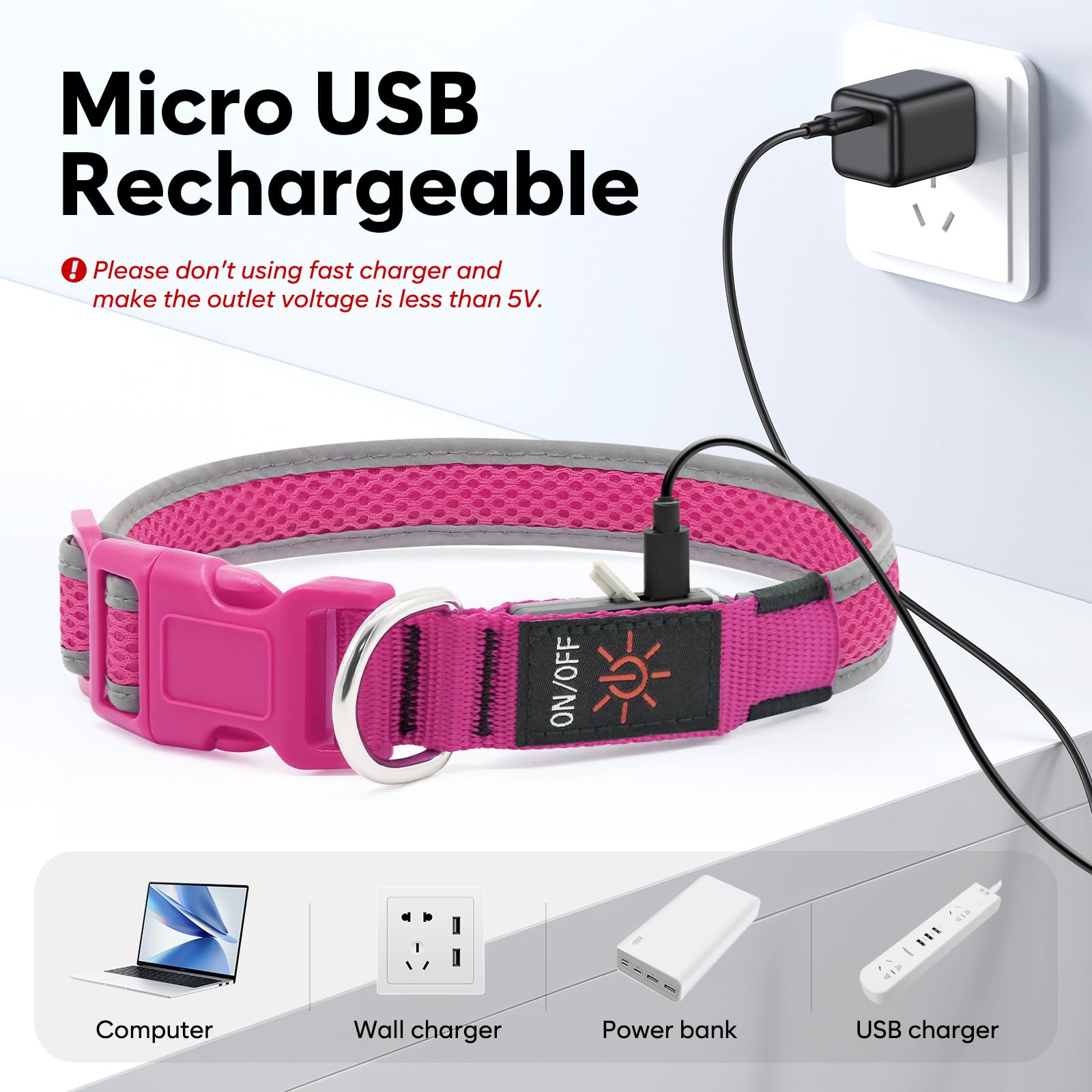 Flashseen LED Dog Collar - USB Rechargeable Light Up Safety Collar with Adjustable Soft Mesh for Small Medium Large Dogs (Large, Candy Pink) - Perfect for Night Walks, Jogging & Outdoor Adventures
