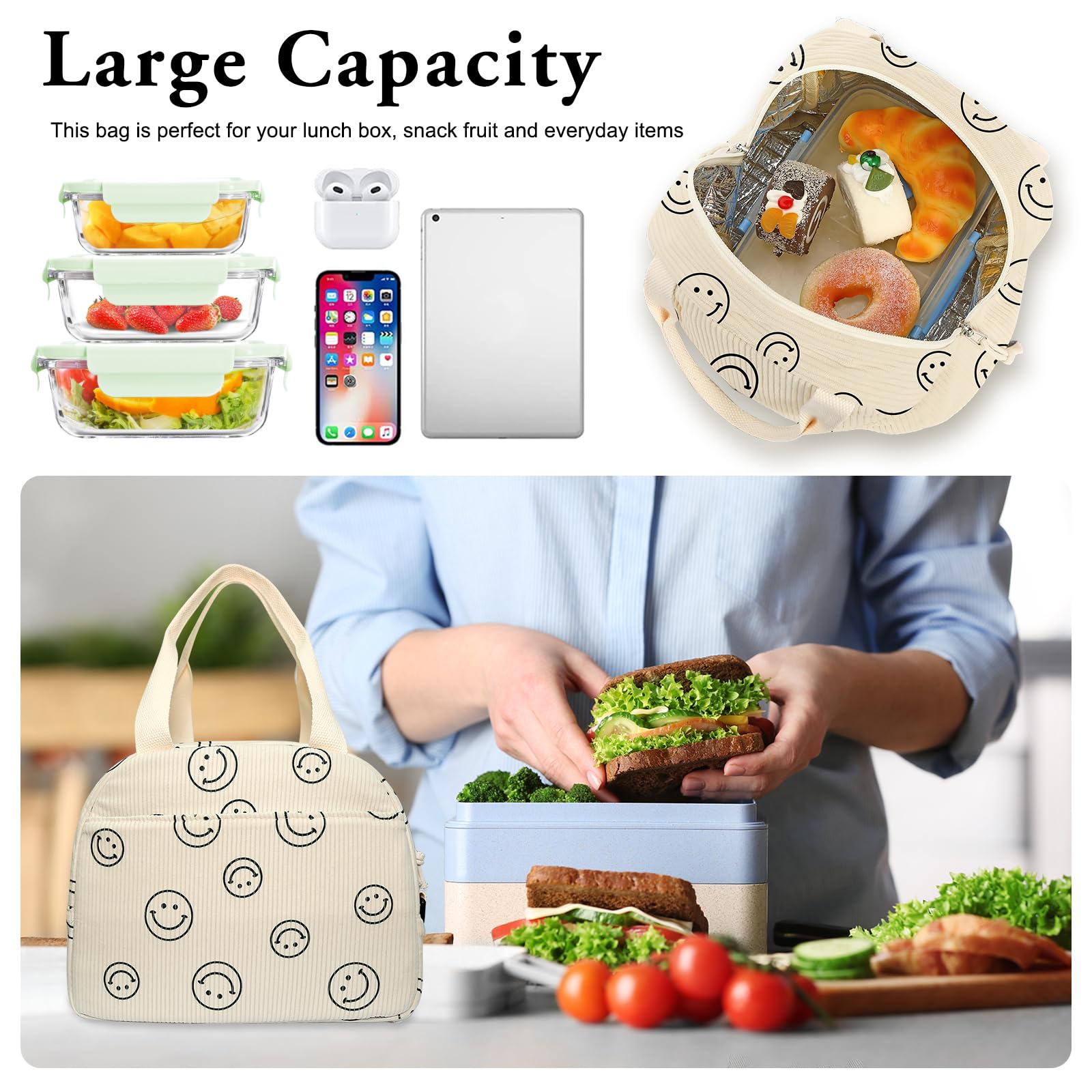 Insulated Reusable Lunch Bag for Women & Men - Large Corduroy Lunch Box with Shoulder Strap, Cute Smiley Tote Bag for Work, Office, School, Picnic & Outdoor Activities | Eco-Friendly Cooler Lunch Case