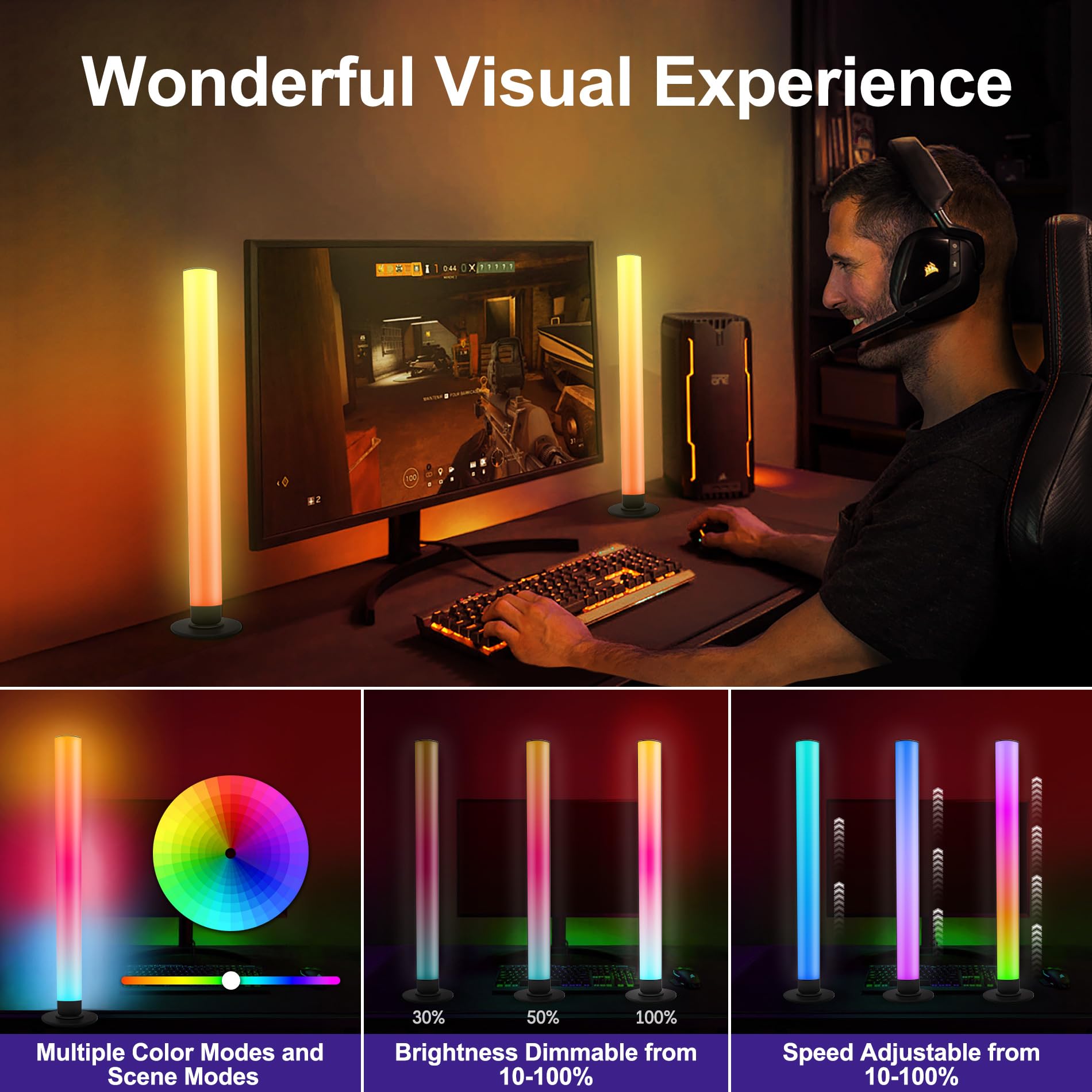 RGB LED Light Bar for Gaming Room & TV Backlight - 8 Scene Modes, 16 Million Colors, Music Sync, 3 Control Ways, 213 Presets - Perfect for PC Setup, Home Theater, and Party Lighting (2 Pack)
