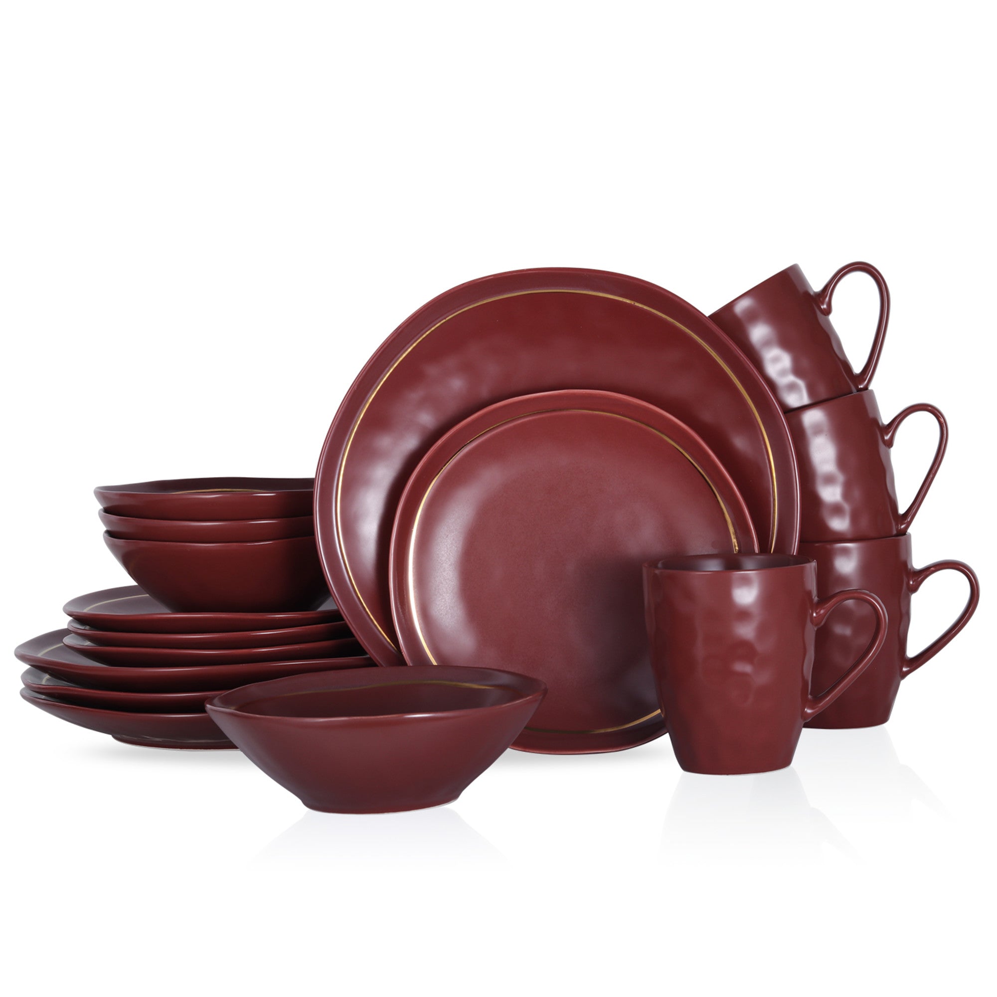 Premium Clara Porcelain Dinnerware Set - 16-Piece Burgundy Fine China for Formal Dining & Entertaining - Elegant Dinner Plates, Bowls & Cups Set for Holidays, Wedding & Special Occasions