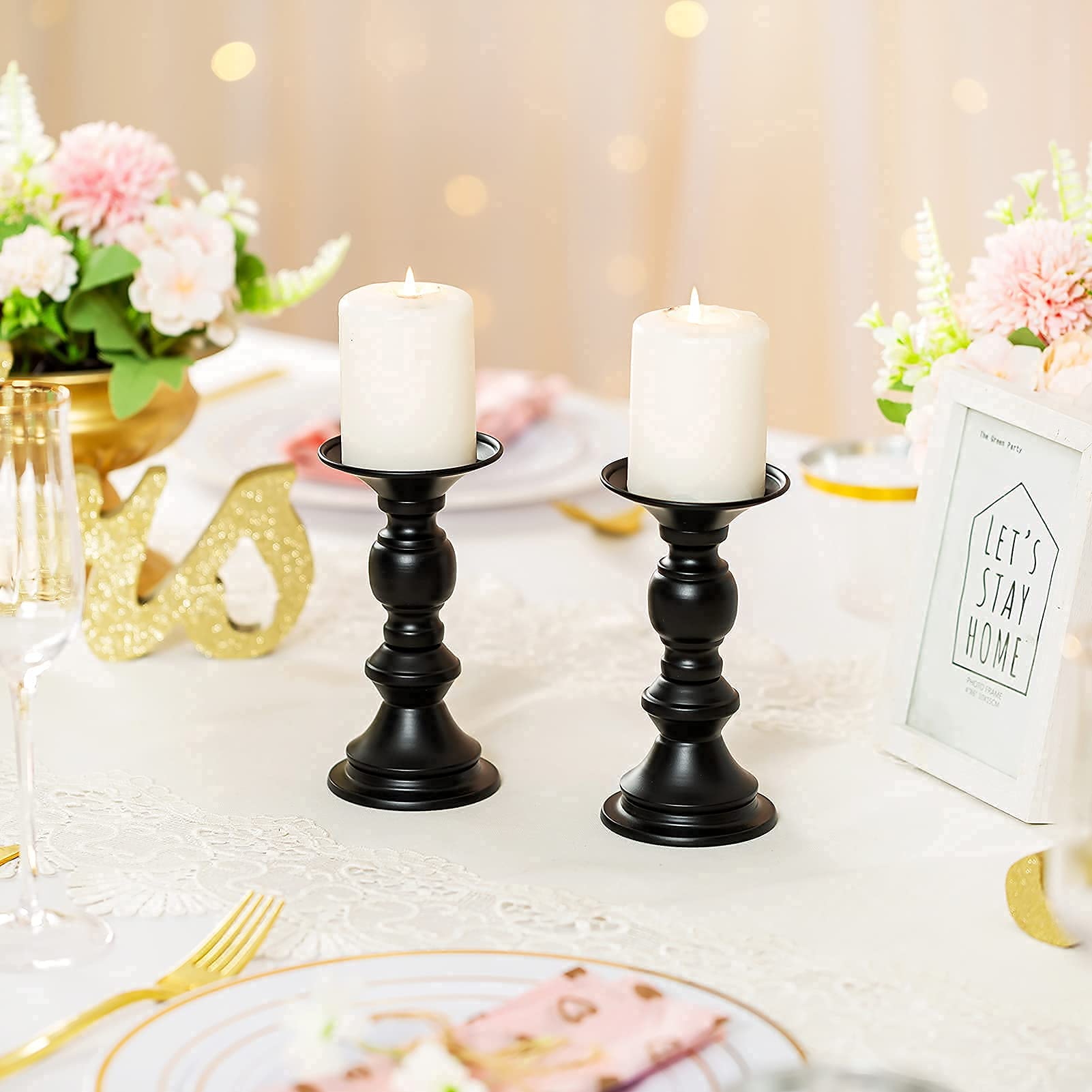 10 Pcs Gold Metal Pillar Candle Holders - Elegant Wedding Centerpieces & Party Candlestick Stands for Table Decorations, Special Events, Home Decor - Black (Set of 10) | Perfect for Weddings, Anniversaries, Romantic Dinners & Holiday Decor
