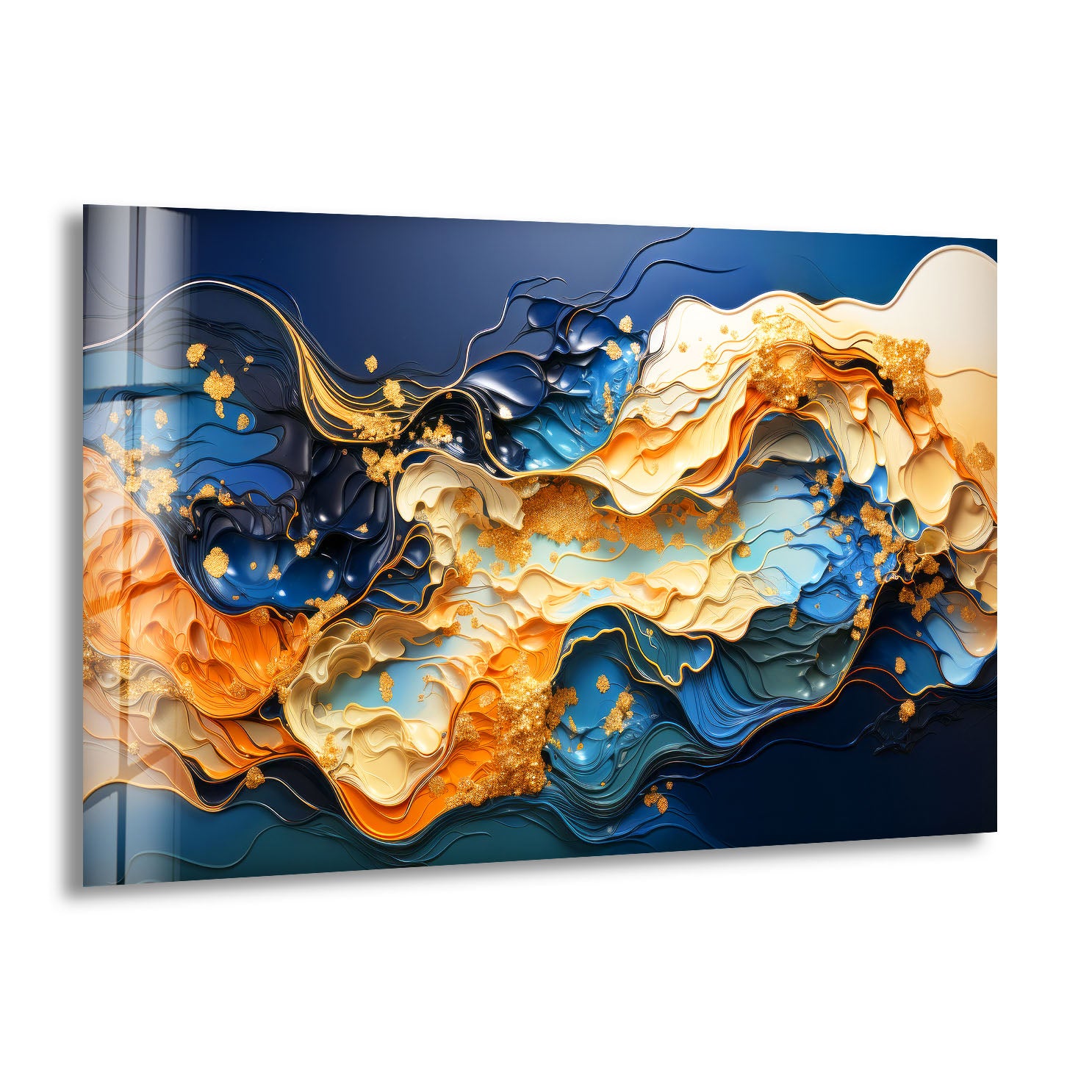 Blue Gold Abstract Wave Wall Art - Modern Fluid Glass Print for Home & Office Decor | Elegant Interior Design for Living Room, Bedroom & Office Spaces