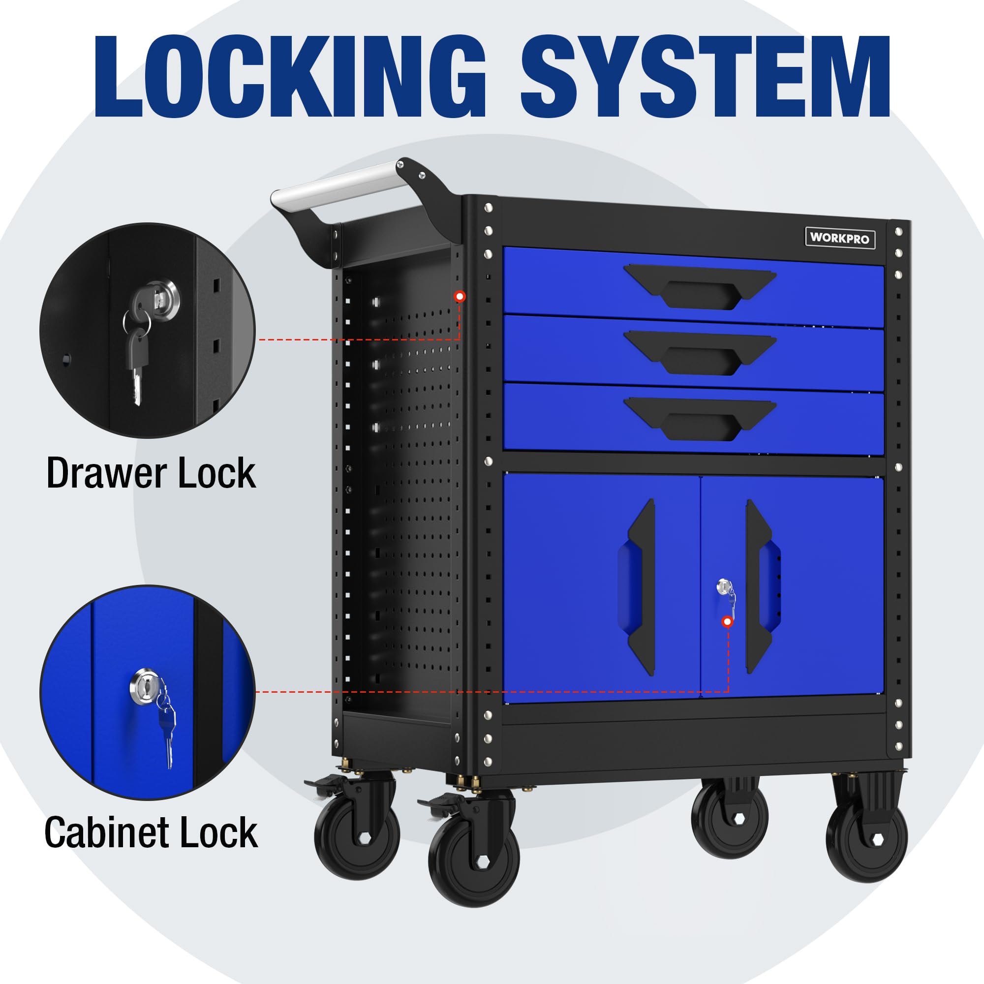 WORKPRO 27.5 Inch 3-Drawer Rolling Tool Chest with Wheels - Heavy Duty Steel Tool Cabinet with Drawers, Liners & Locking System - Portable Tool Storage for Garage, Workshop, Warehouse & Home Use (Black & Blue)