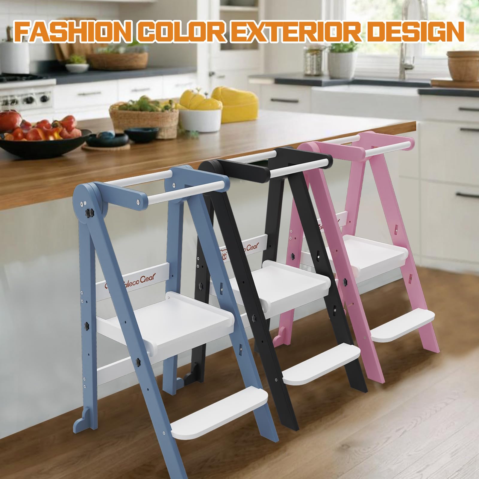 **Taleco Gear Foldable Toddler Kitchen Stool Helper - Adjustable Height Wooden Step Stool for Kids, Collapsible Learning Tower - Perfect for Kitchen, Bathroom & Playroom**
