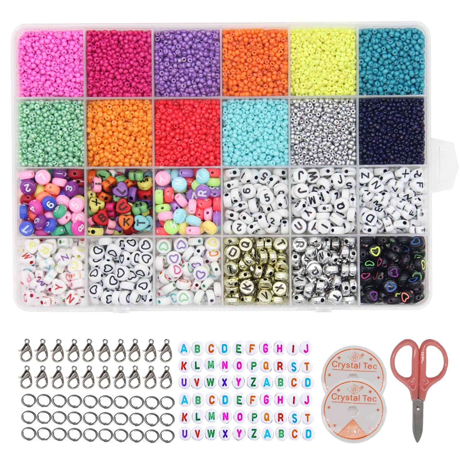LanM Epoch 12110 Pcs Glass Clay Beads Kit - 12 Colors Seed Beads with 350 Alphabet Beads, 100 Numeric Beads, 150 Love Beads & 2 Roll Elastic Strings for DIY Jewelry Making (2mm) - Perfect for Bracelets, Necklaces, Keychains & Craft Projects