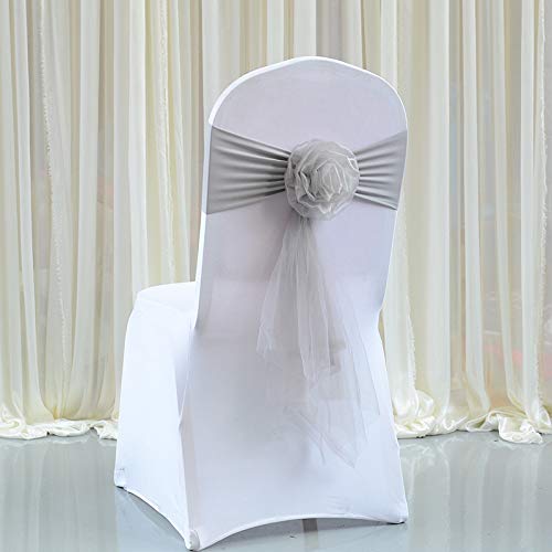 100 PCS Silver Gray European Style Stretch Organza Chair Sashes - Wedding Reception Chair Cover Back Tie Decorations for Banquet, Party, Hotel Events | Perfect for Wedding Decor, Bridal Shower, and Event Styling