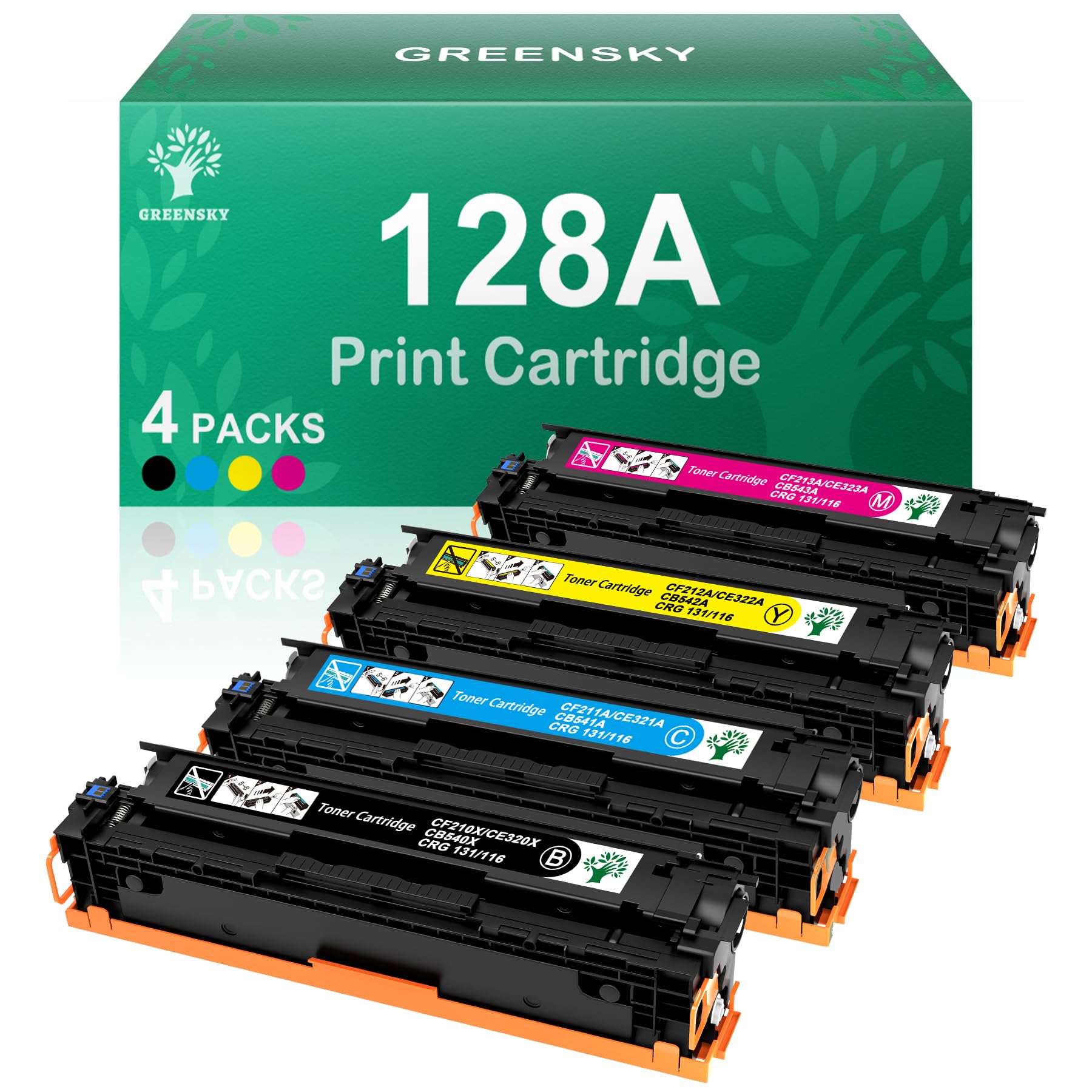GREENSKY Compatible Toner Cartridge Replacement for HP 128A CE320A CE321A CE322A CE323A - Works with HP Laserjet Pro CM1415fn CM1415fnw CP1525n CP1525nw Printers - High Yield Black Cyan Yellow Magenta 4-Pack - Perfect for Office Printing & Home Business Documents