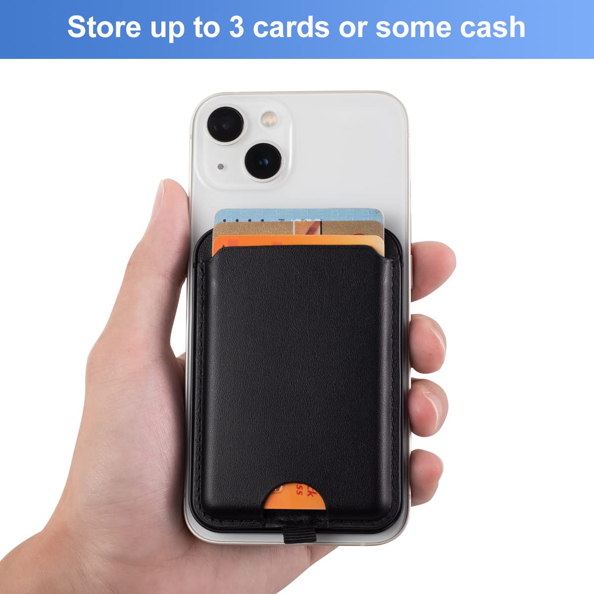 Magnetic Leather Phone Wallet Holder for iPhone - Compatible with iPhone 14/13/12 Series with MagSafe & Magnetic Case Phones - Slim RFID Blocking Card Holder - Perfect for Travel, Shopping & Daily Use (Black)