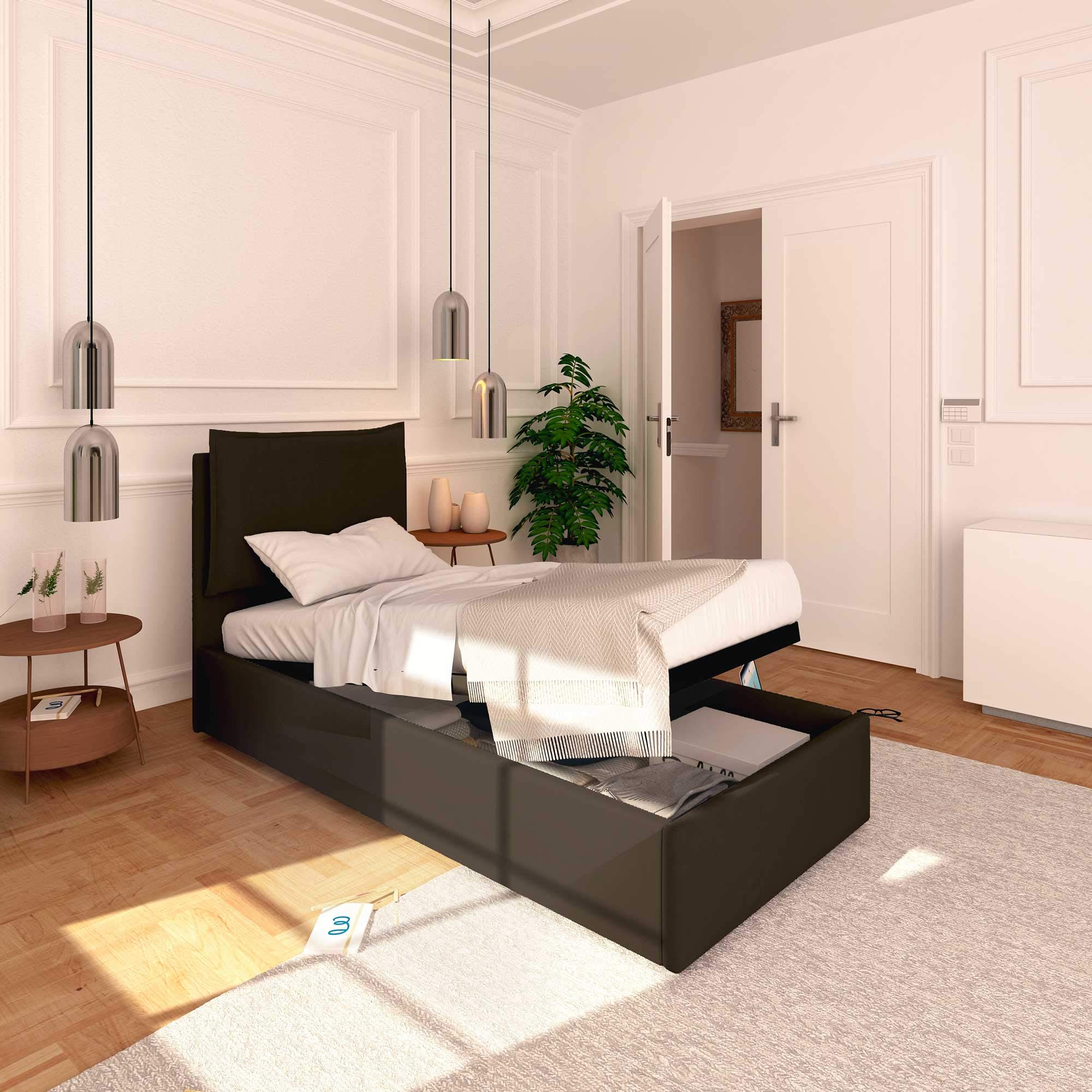 Baldiflex Single Bed with Storage, Licia Model, Synthetic Leather, Slatted Base for Single Mattress, 80 x 190 cm, Finely Padded Chocolate Headboard – Perfect for Small Bedrooms, Guest Rooms & Studio Apartments