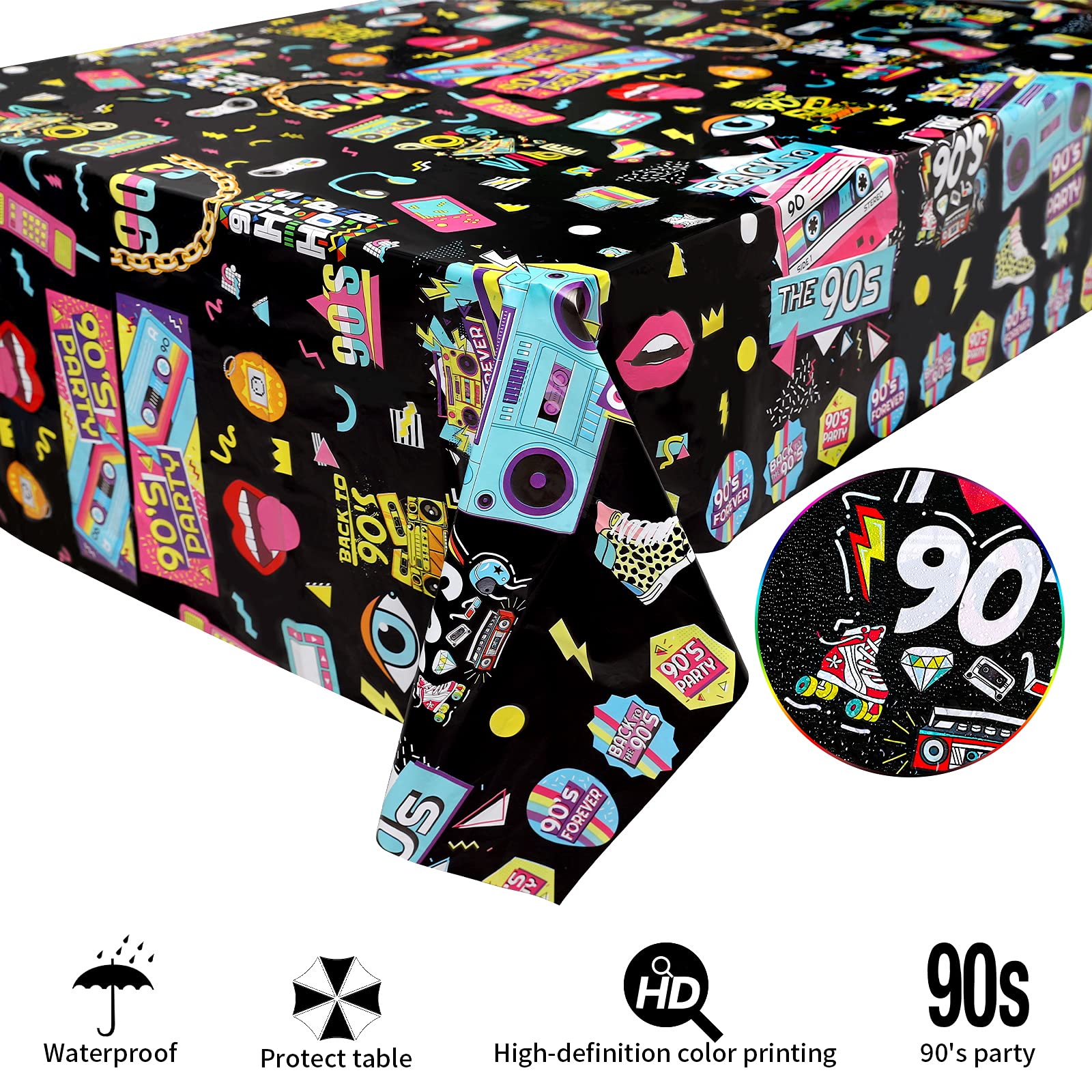 3 Pack 90s Themed Party Tablecloths - Retro Hip Hop Birthday Table Covers for 1990s Theme Party Decorations - Perfect for 90s Birthday Parties, School Events & Throwback Celebrations