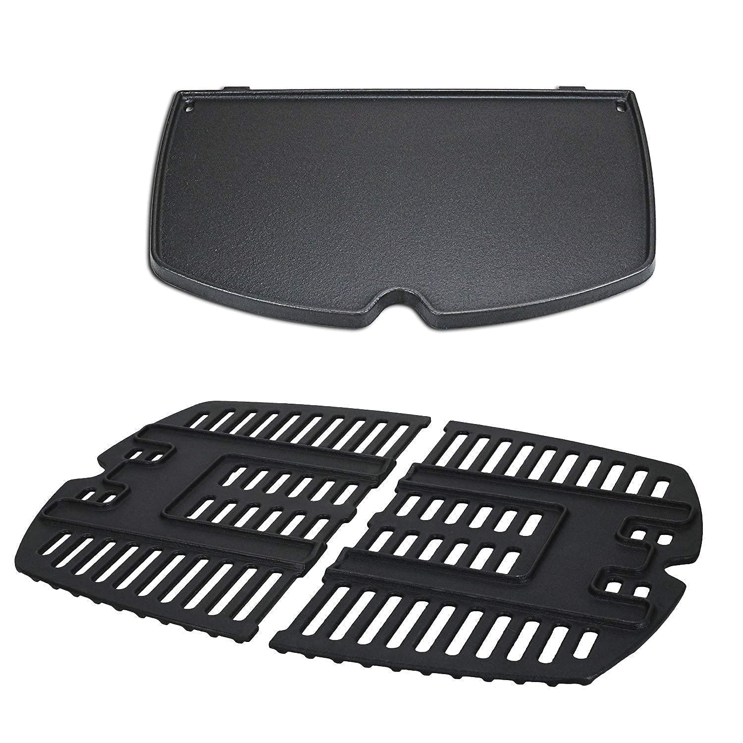 Uniflasy 7644 Cast Iron Cooking Grates & 6558 Griddle for Weber Q100 Q1000 Q120 Q1200 Baby Q Gas Grills Replacement Parts - Perfect for Backyard BBQs, Camping & Outdoor Cooking