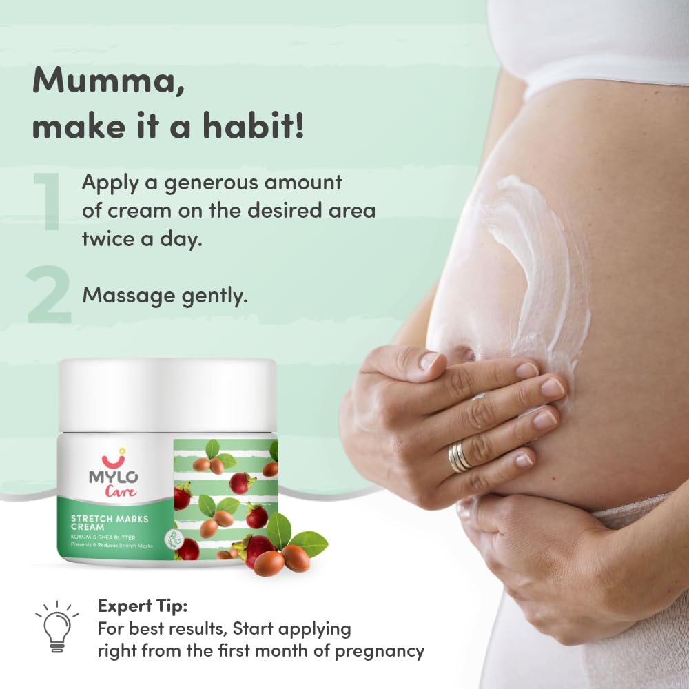 **Mylo Care Stretch Marks Cream for Pregnancy - Shea Butter, Saffron, Kokum Butter & Aloe Vera - Toxin-Free, No Mineral Oils - 100ml (Pack of 1) - Perfect for Pre & Postpartum Skin Hydration & Scar Reduction**