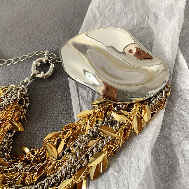 Exaggerated Metallic Two-Tone Leaf Statement Bracelet | R099 | Elegant Jewelry for Women, Perfect for Parties, Weddings & Special Occasions