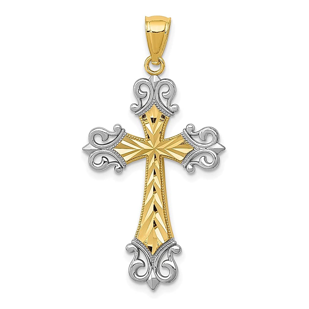14K White Gold Rhodium Plated Diamond Cut Cross Pendant Charm - Religious Fleur De Lis Necklace for Women, Elegant Fine Jewelry Gift for Her - Perfect for Church, Weddings, Baptisms & Special Occasions