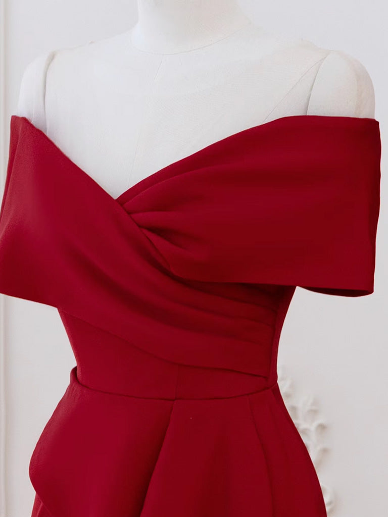 Elegant Burgundy A-Line V-Neck Off-Shoulder Long Prom Dress - Formal Evening Gown for Homecoming, Ball, Wedding & Special Occasions