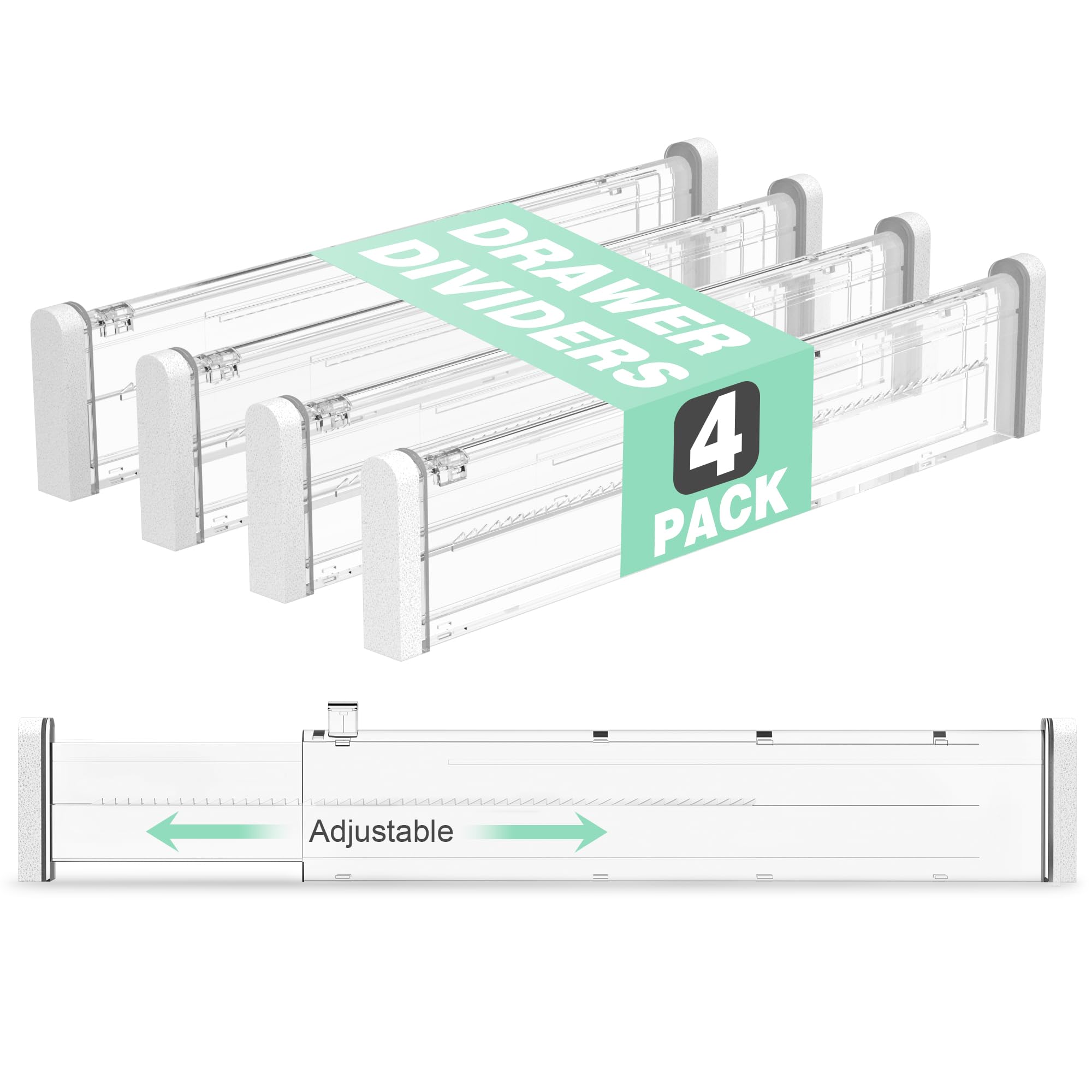 Expandable Drawer Organizers 4 Pack - Adjustable Clear Drawer Dividers (2.36