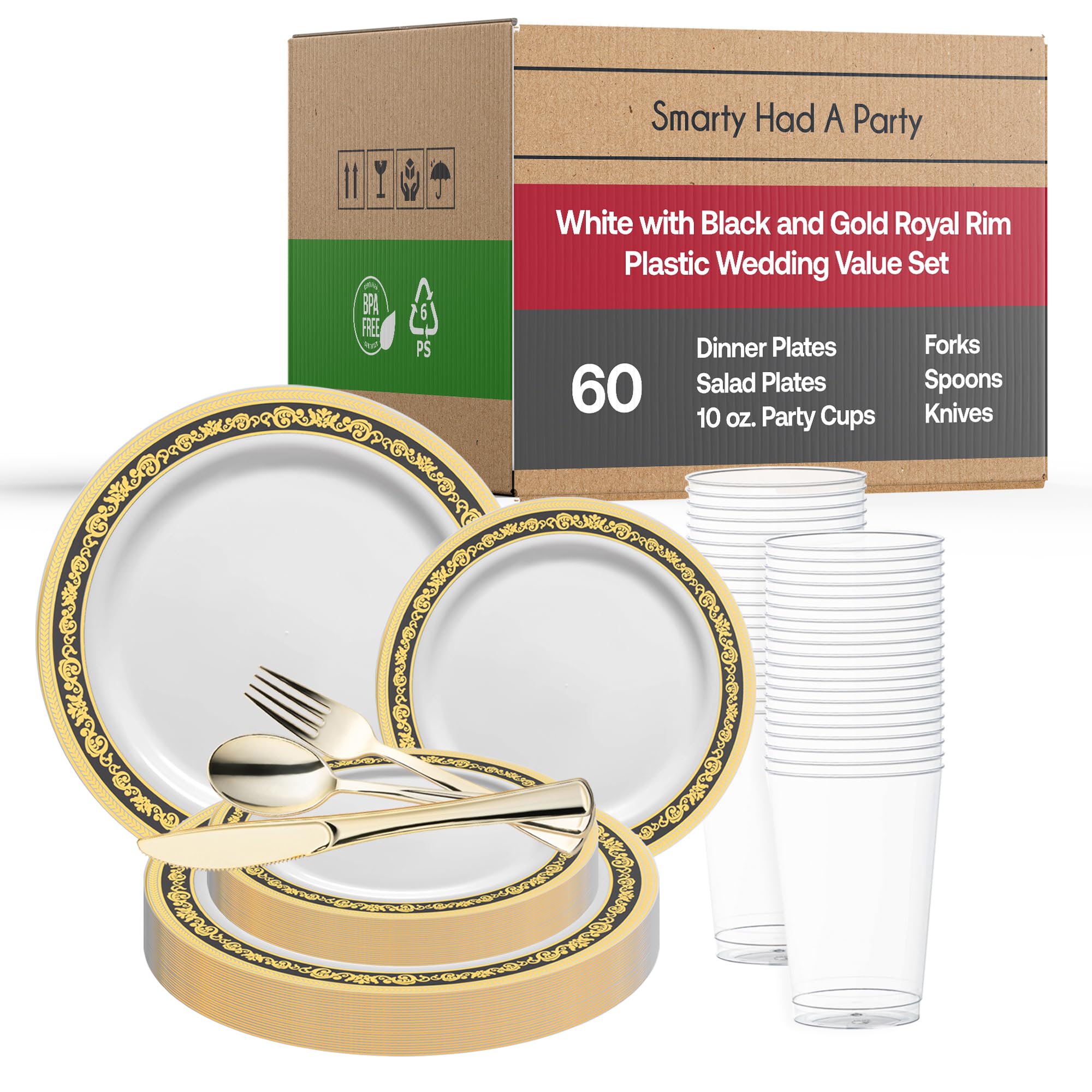 Premium Disposable Plastic Dinnerware Set for 60 Guests - Elegant White with Black & Gold Trim Plates, Dessert Plates, Cutlery & Cups - Perfect for Weddings, Birthdays, Parties & Special Events - Ideal for Upscale Catering, Outdoor Gatherings & Formal Celebrations