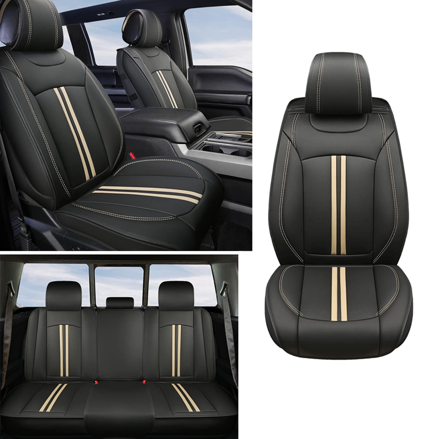 Premium Waterproof Leather Car Seat Covers for Ford F150 (2009-2021) & F250/F350/F450 (2017-2021) - Black & Beige Full Set - Durable Truck Seat Protectors for Work, Travel & Outdoor Adventures