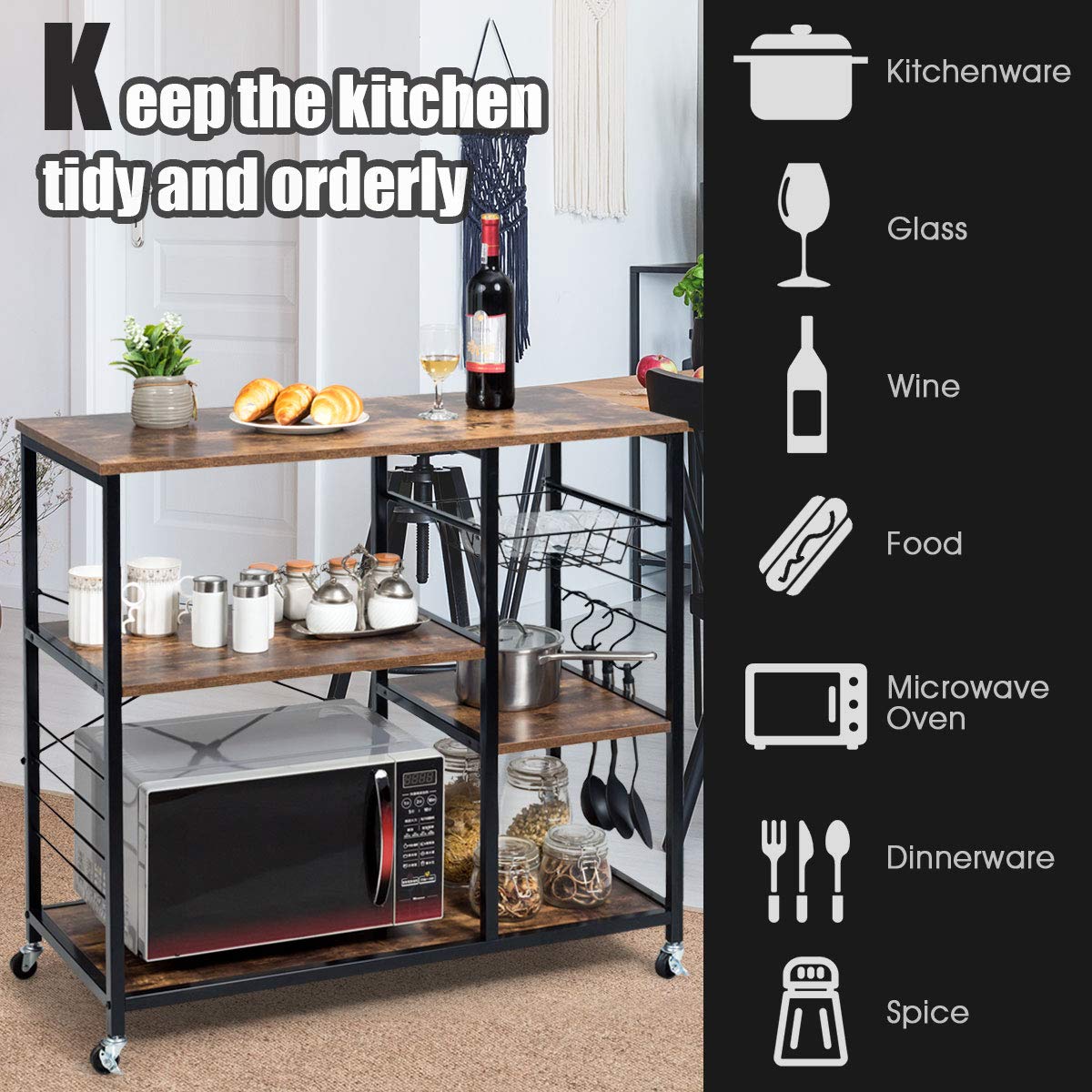 LDAILY Mocha Kitchen Baker's Rack with Wheels - 3-Tier Rolling Storage Shelf for Microwave, Spices & Utensils - Removable Organizer with Metal Frame & 3 Hooks - Perfect for Small Kitchen, Pantry or Laundry Room Storage (Brown)