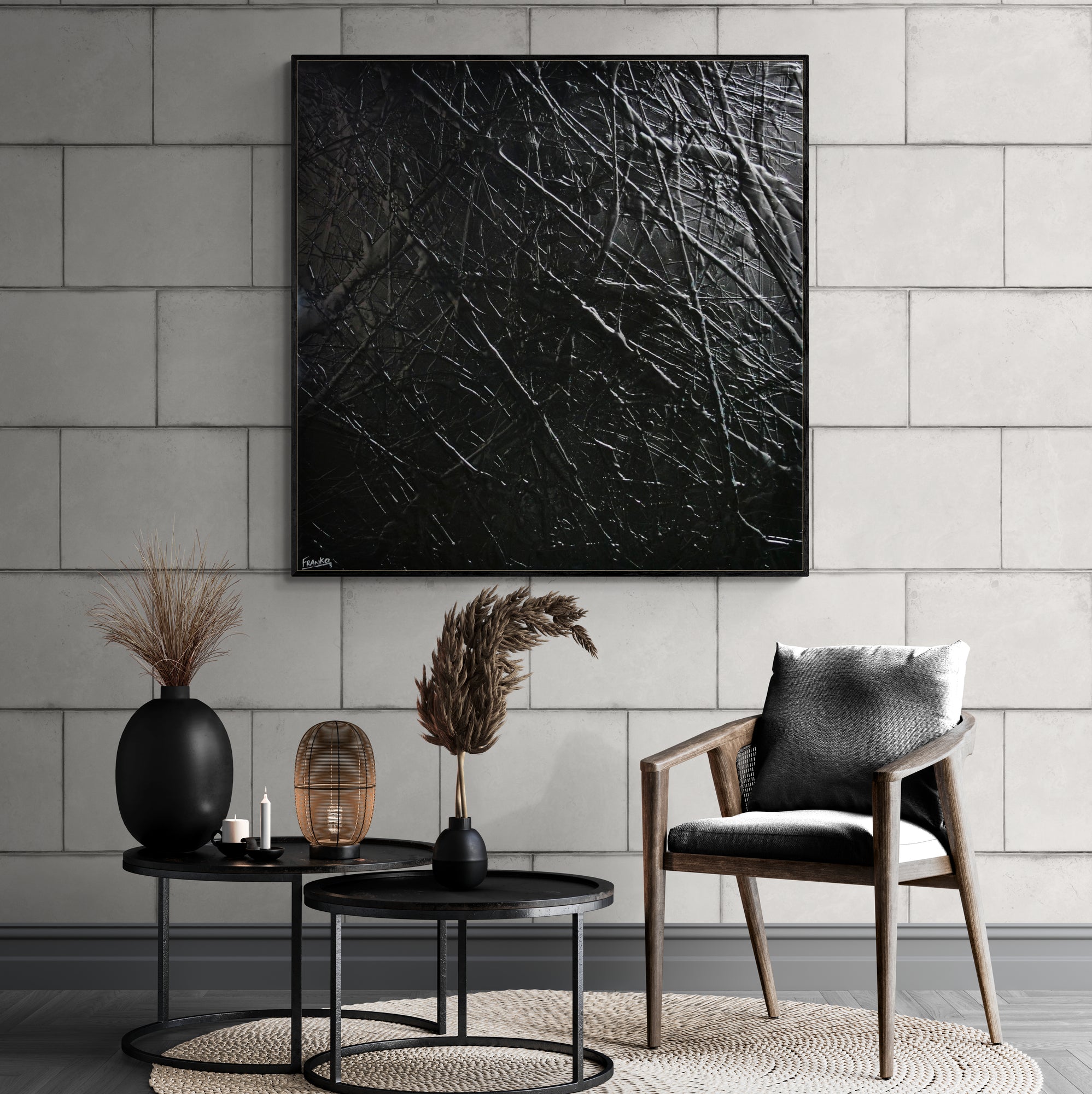 Abstract Black Textured Wall Art Painting - 47x47 Inches (120x120cm) - Nero Collection - Perfect for Living Room, Bedroom, or Office Decor