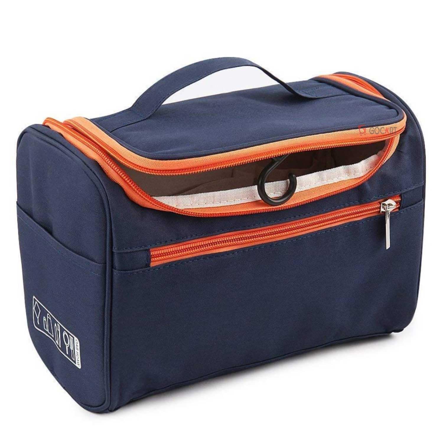 GOCART WITH G LOGO Portable Mini Hanging Travel Makeup Organizer - Waterproof Cosmetic Bag for Women, Blue & Orange - Perfect for Travel, Gym & Daily Use