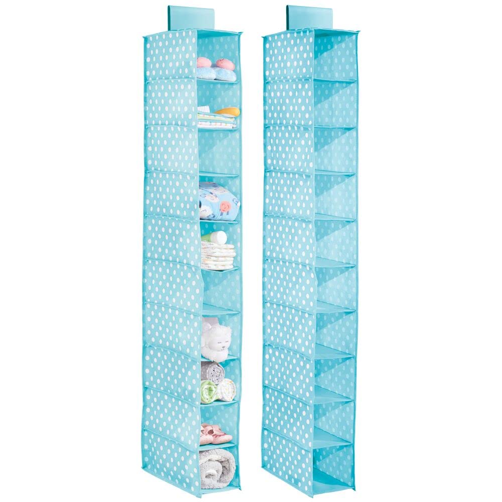 mDesign Soft Fabric Closet Organizer with 10 Shelves - Hanging Storage for Kids Room & Nursery - Polka Dot Print (Turquoise Blue/White) - 2 Pack | Perfect for Baby Clothes, Toys & Accessories Organization