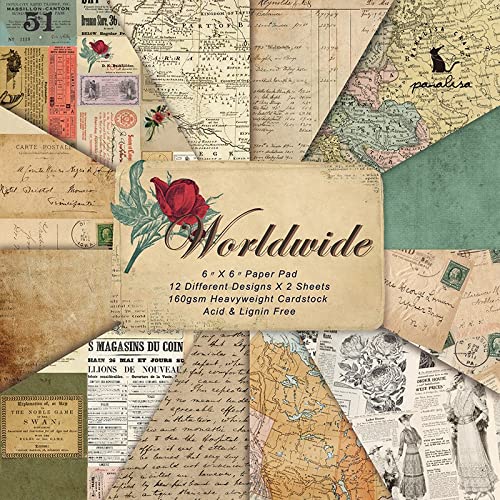 Vintage Antique Maps Scrapbook Paper Pad 6x6 Inches - 24 Sheets Single-Sided Decoupage Paper, Colorful Cardstock for DIY Scrapbooking, Card Making, Junk Journaling - Perfect for Heritage Projects, Travel-Themed Crafts & Decorative Backgrounds