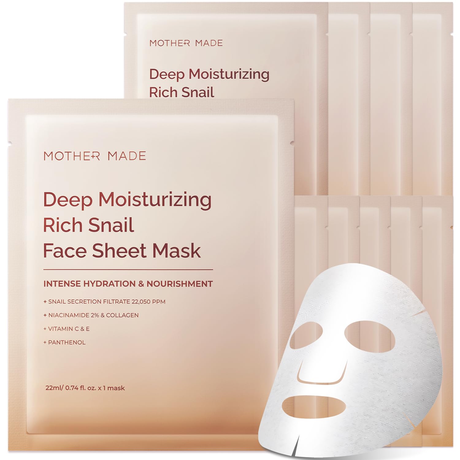 Premium Korean Snail Mucin Face Mask 10 Pack - Hydrating Anti-Aging Sheet Mask with Collagen, 2% Niacinamide & Squalane for Dry & Sensitive Skin - Perfect for Travel, Self Care & Nighttime Skincare Routine