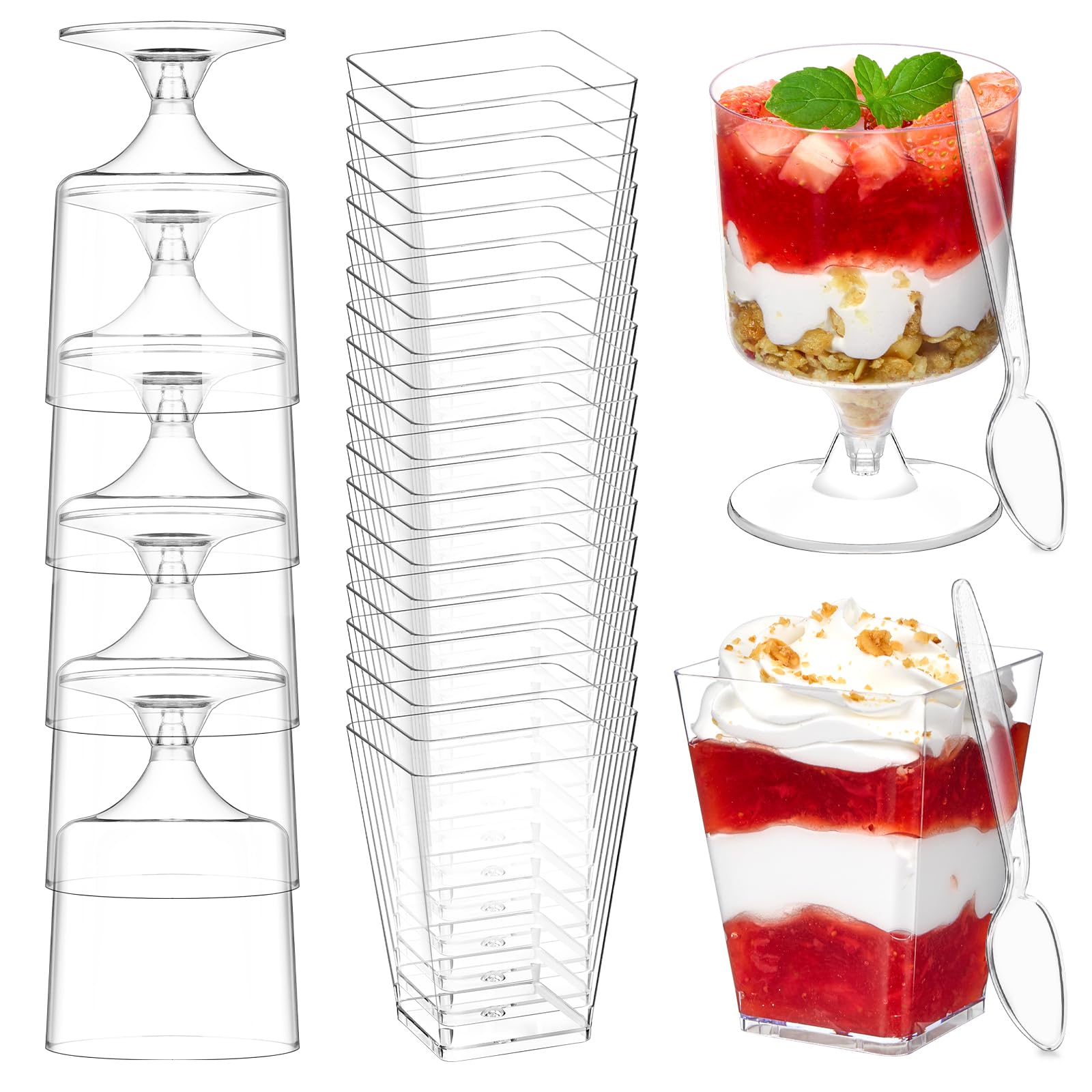 100-Pack 5 oz Square & Goblet Plastic Dessert Cups with Spoons - Mini Parfait & Shooter Cups for Banana Pudding, Yogurt, Fruit, Jello - Perfect for Parties, Catering & Home Dessert Serving