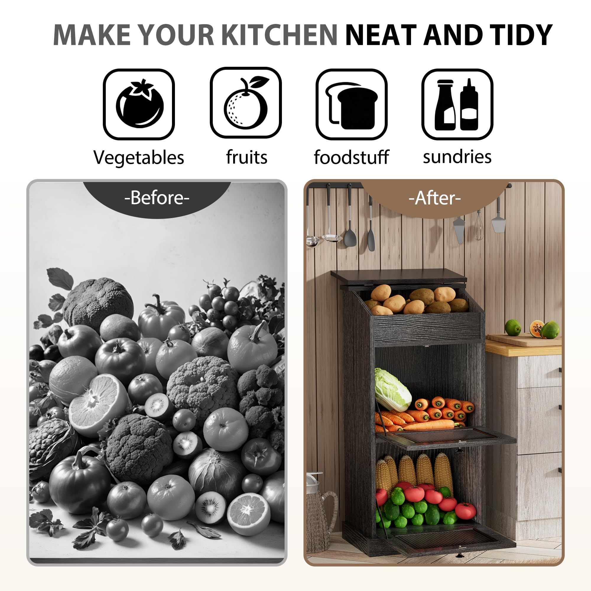 ONG Wooden Potato & Vegetable Storage Bin with Lid - Decorative Bread, Onion, and Grocery Storage Box - Perfect for Kitchen Pantry, Farmhouse Decor, and Organizing Fresh Produce