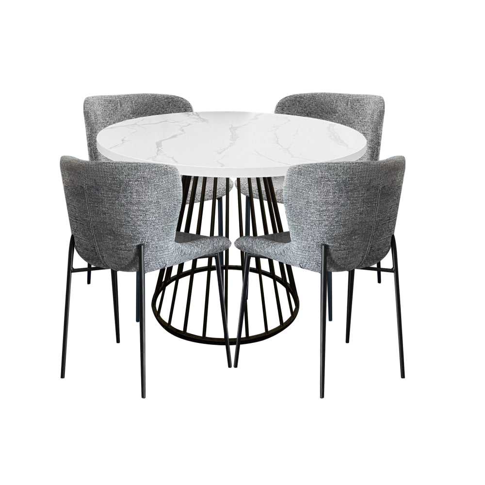 5-Piece Matilda Round Dining Table Set with 4 Fabric Chairs - 110cm Faux Marble Top & Grey Sonata Upholstery - Perfect for Small Spaces, Apartments & Modern Kitchens