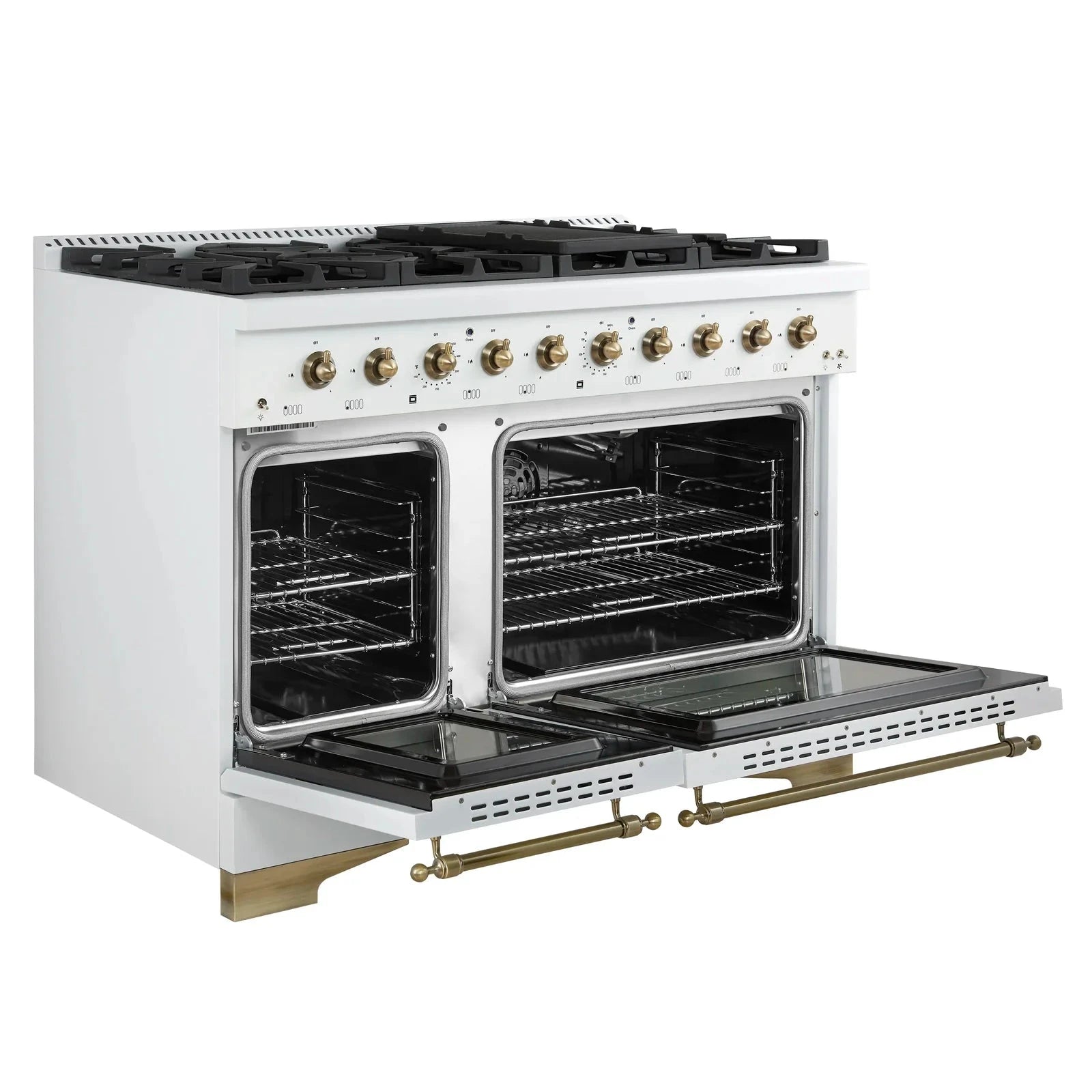 Forno Antico 48-Inch Dual Fuel Range with 8 Gas Burners & Electric Convection Oven - White Finish with Antique Brass Trim (Model FFSGS6113 48WHT) | Perfect for Professional Home Kitchens & Gourmet Cooking