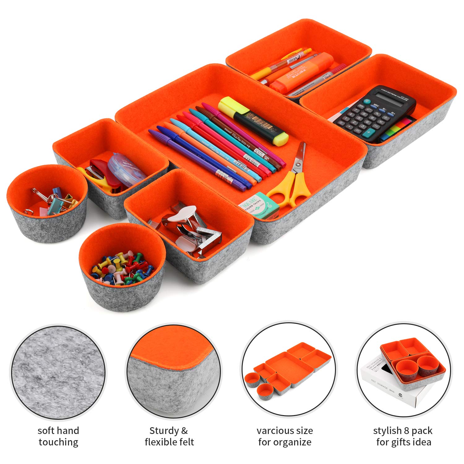 Welaxy 7-Piece Felt Drawer Organizer Set - Desk Storage Bins, Small Drawer Dividers for Office, Closet, Makeup & Cabinet Organization (Orange) - Perfect for Home, Office & Travel Use