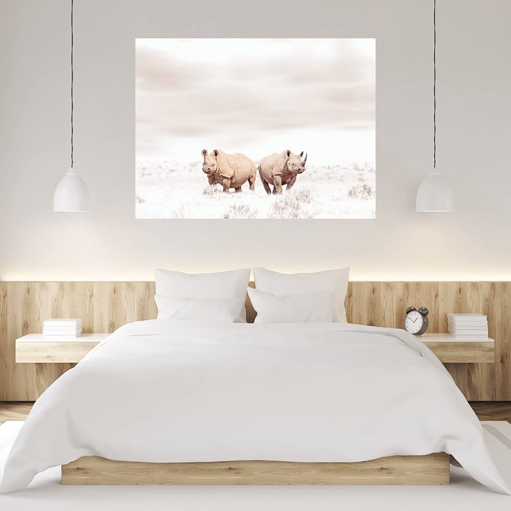 Tiedge Rhino Duo Fine Art Canvas Wall Decor - 43x32 Inch Ready to Hang Painting for Living Room, Bedroom, Office & More - Wildlife Home Decor Gift for Animal Lovers