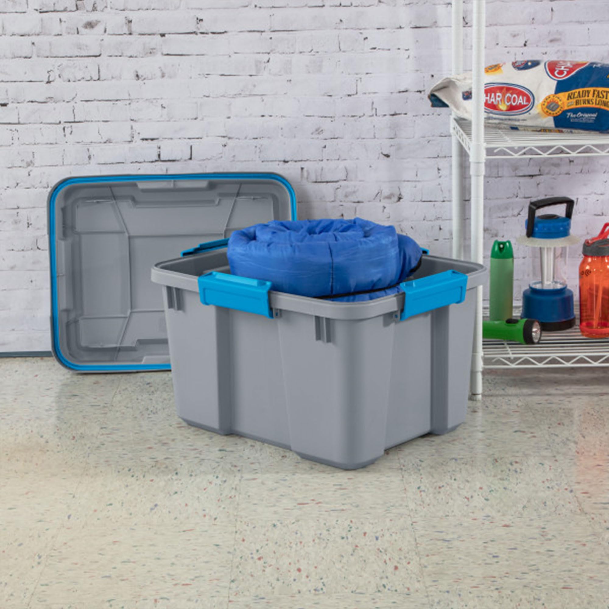 Sterilite 20 Gallon Heavy Duty Stackable Storage Bin with Latching Lid - Gray Plastic Container for Organizing Basement, Garage & Closet - Durable Gasket Tote for Home Organization (1-Pack) - Perfect for Seasonal Storage & Moving Supplies